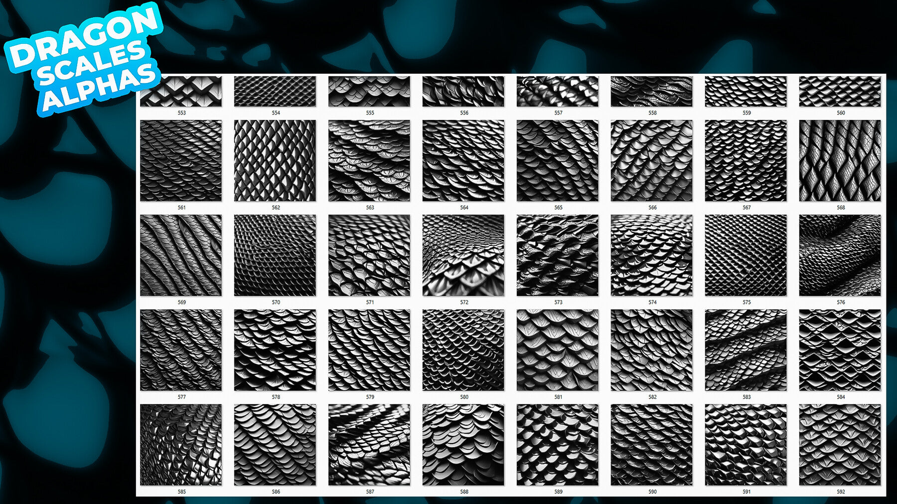 200+ Dragon Scales Alphas for ZBrush, Blender (20 tile alphas) vol.8