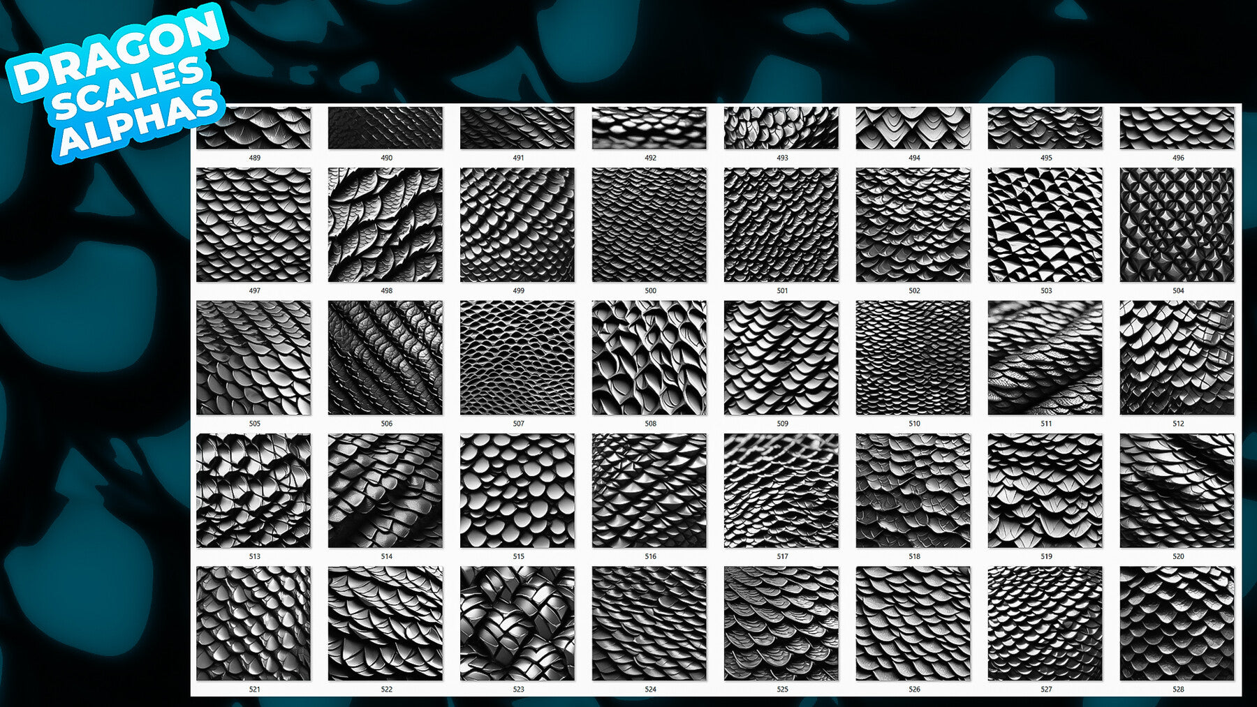 200+ Dragon Scales Alphas for ZBrush, Blender (20 tile alphas) vol.8