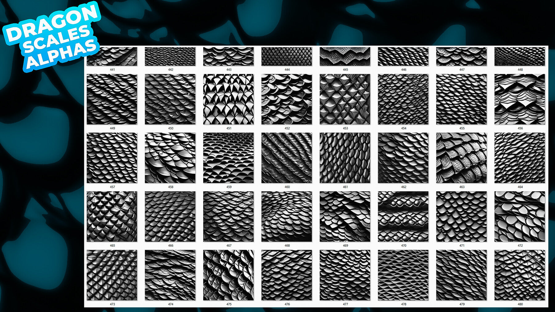 200+ Dragon Scales Alphas for ZBrush, Blender (20 tile alphas) vol.8