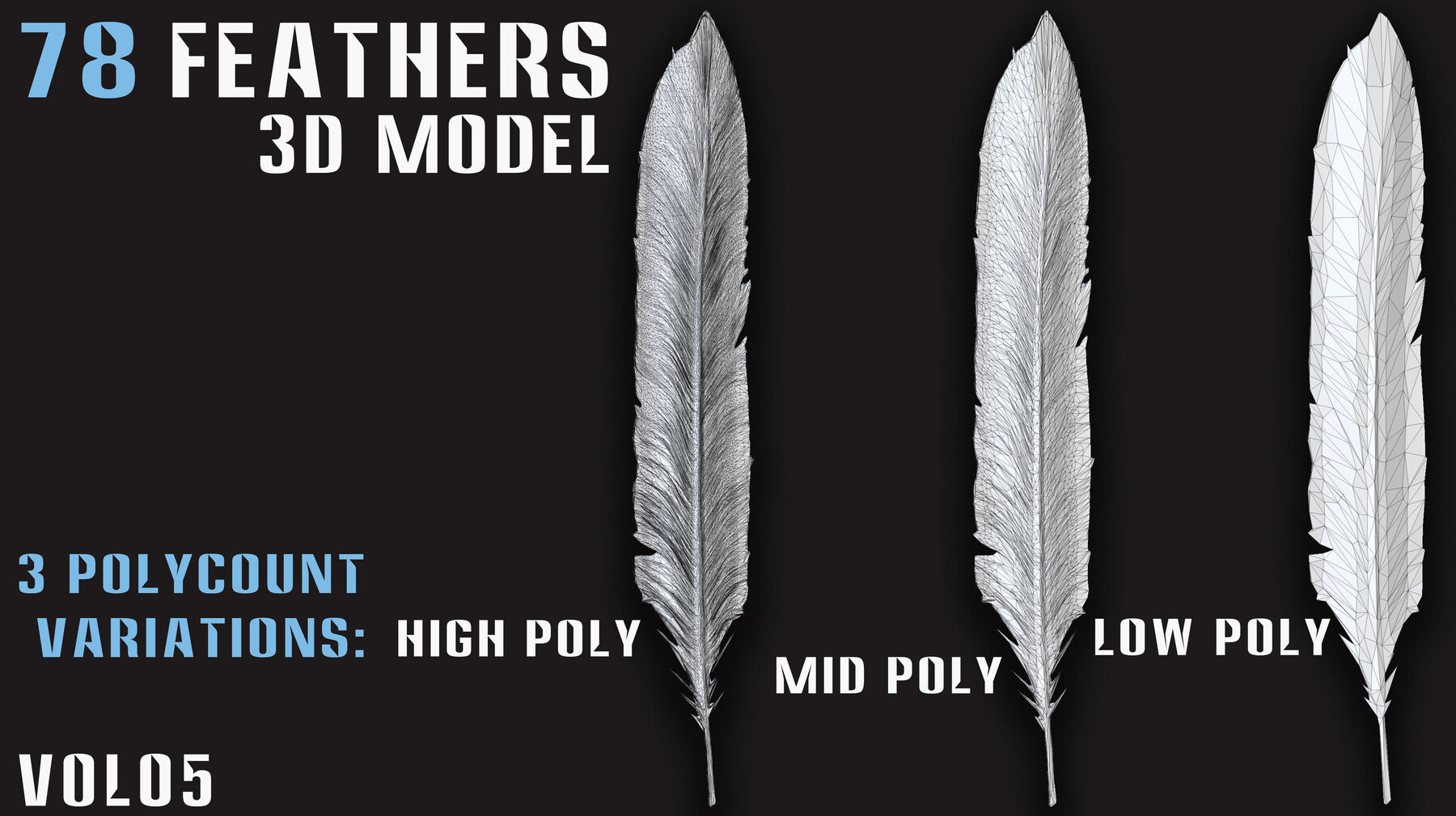 78 Feathers 3D Model (High, Mid, and Low Poly) – Vol.05