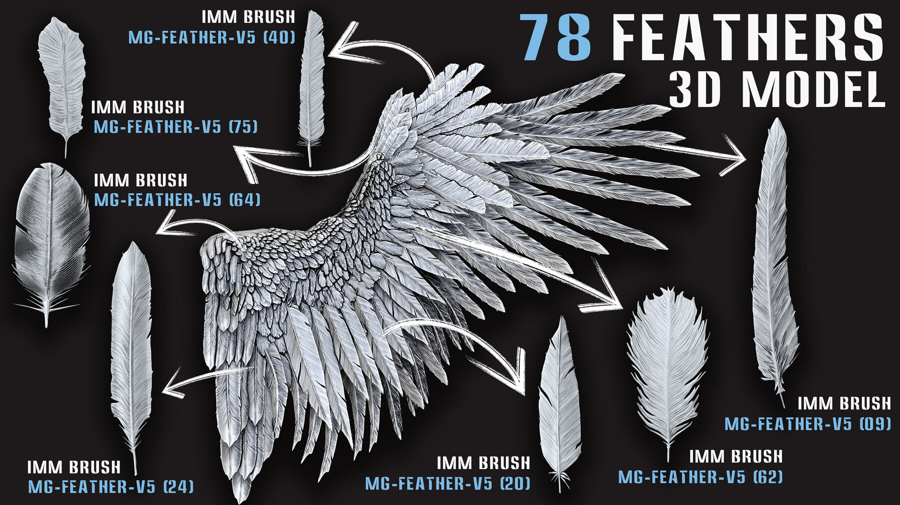 78 Feathers 3D Model (High, Mid, and Low Poly) – Vol.05