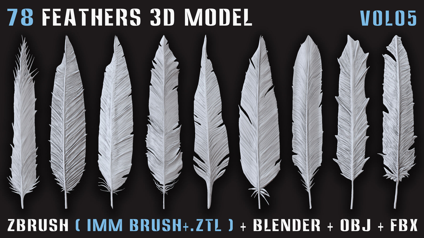 78 Feathers 3D Model (High, Mid, and Low Poly) – Vol.05