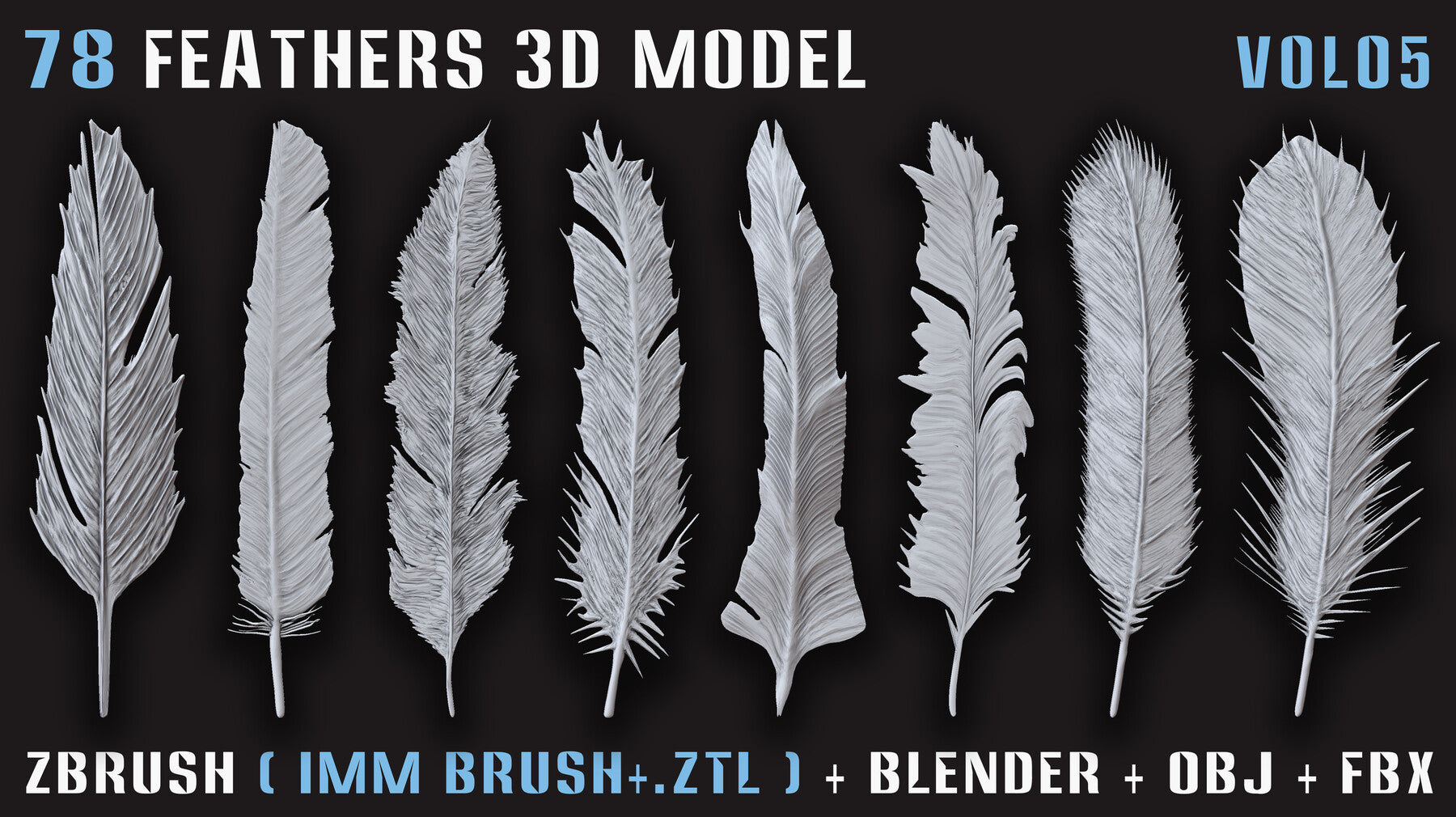 78 Feathers 3D Model (High, Mid, and Low Poly) – Vol.05