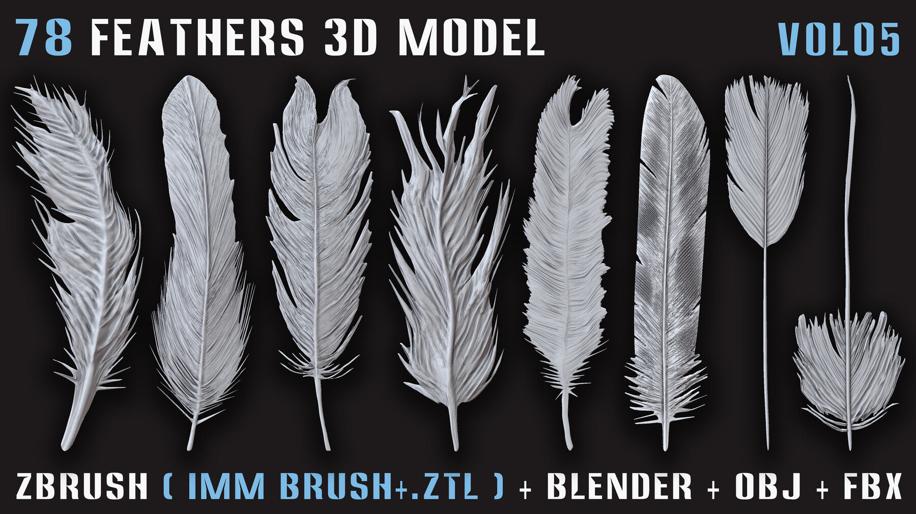 78 Feathers 3D Model (High, Mid, and Low Poly) – Vol.05