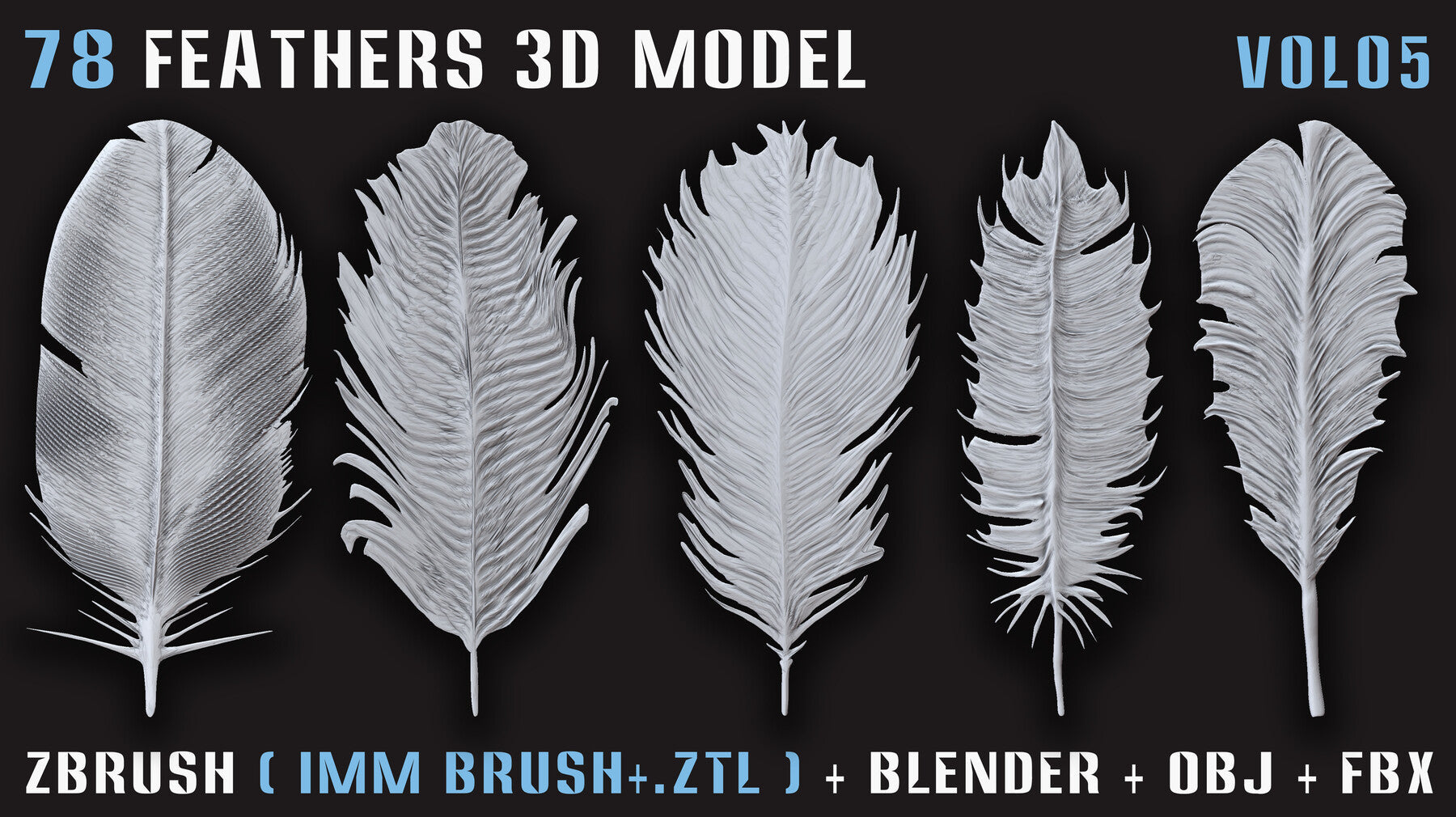 78 Feathers 3D Model (High, Mid, and Low Poly) – Vol.05