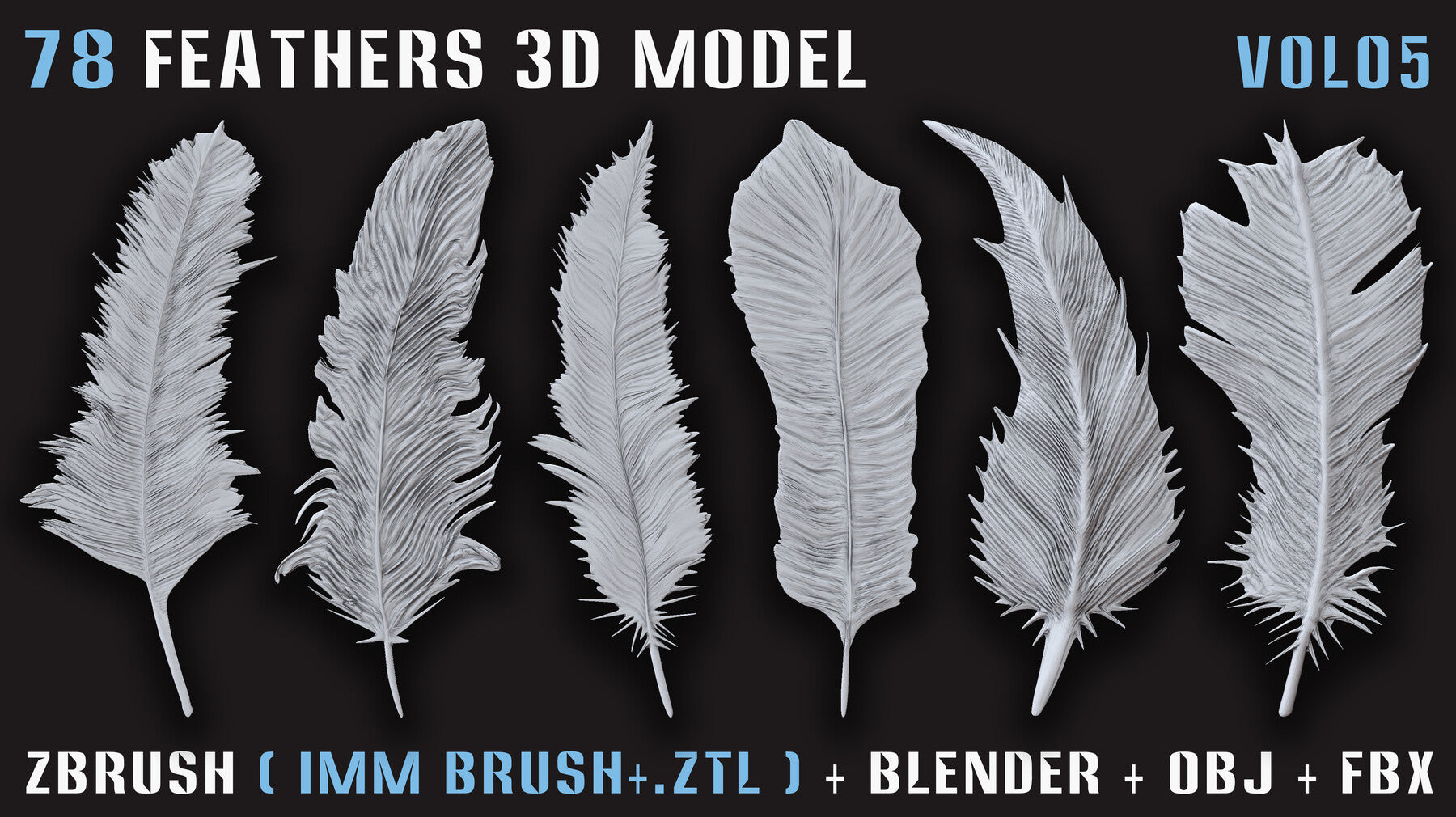 78 Feathers 3D Model (High, Mid, and Low Poly) – Vol.05