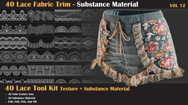 40 Lace Fabric Trim Pattern + Substance Tools - VOL 12