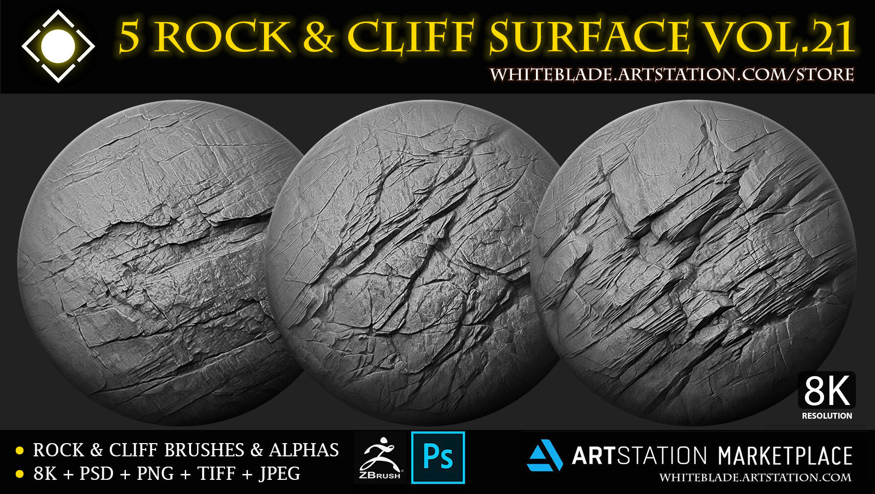 5 Digital Surface Rock & Cliff Brushes & Alphas Vol.21 - ZBrush/Blender/Mudbox/3dcoat