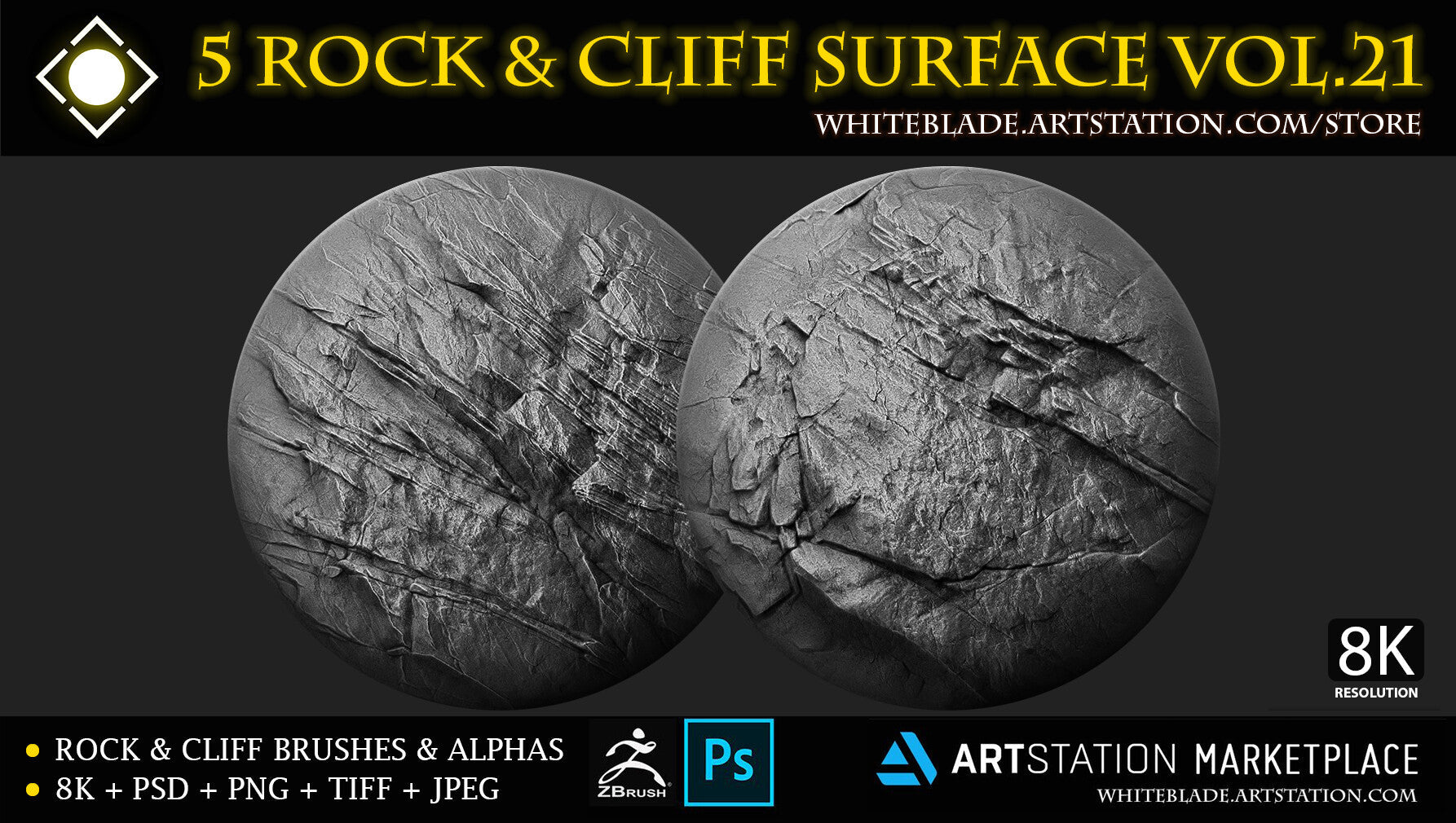 5 Digital Surface Rock & Cliff Brushes & Alphas Vol.21 - ZBrush/Blender/Mudbox/3dcoat