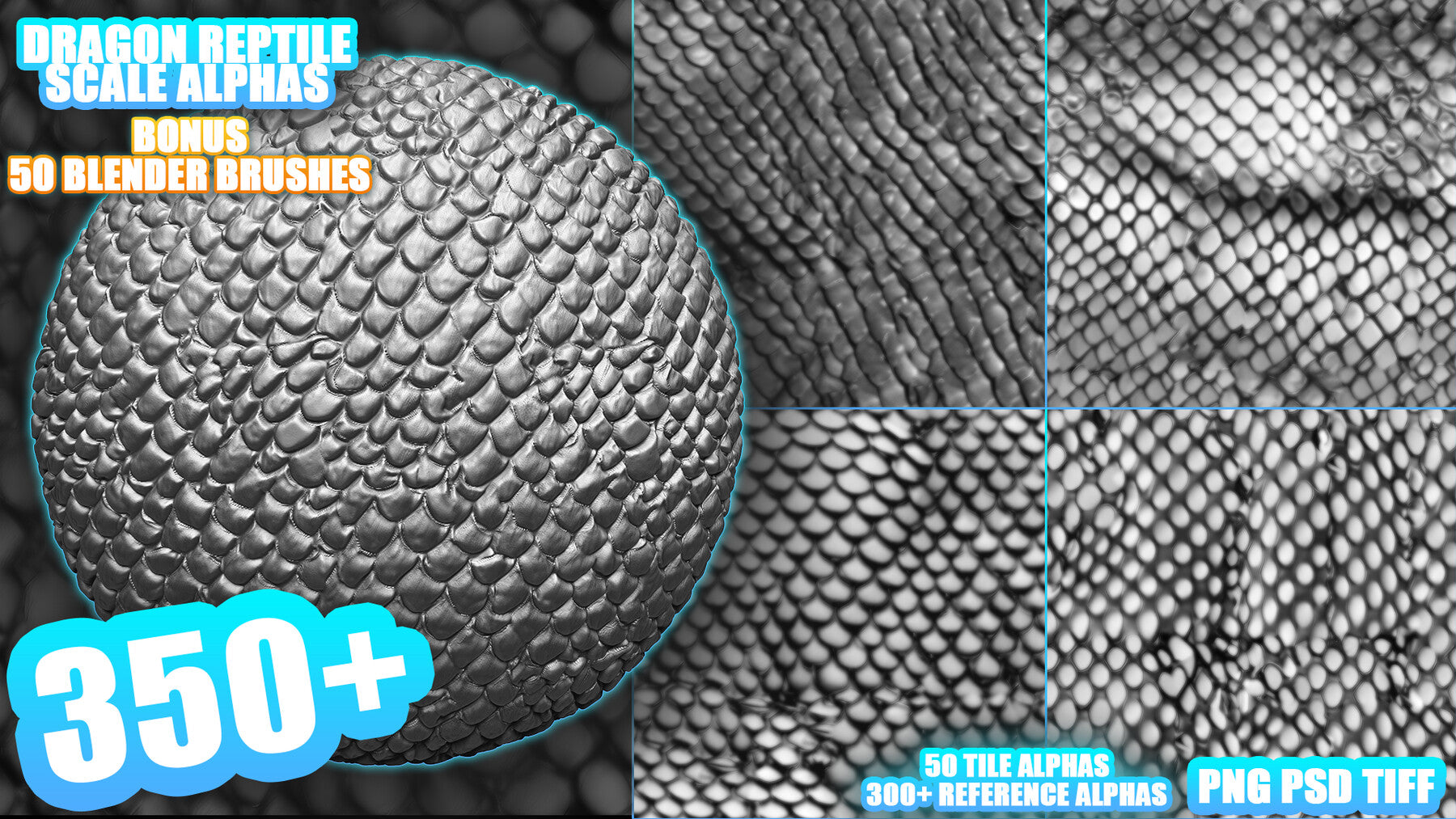 350+ Dragon (Reptile) Scales Alphas for ZBrush, Blender (50 tile alphas) vol.9 + Bonus - 50 Blender Brushes