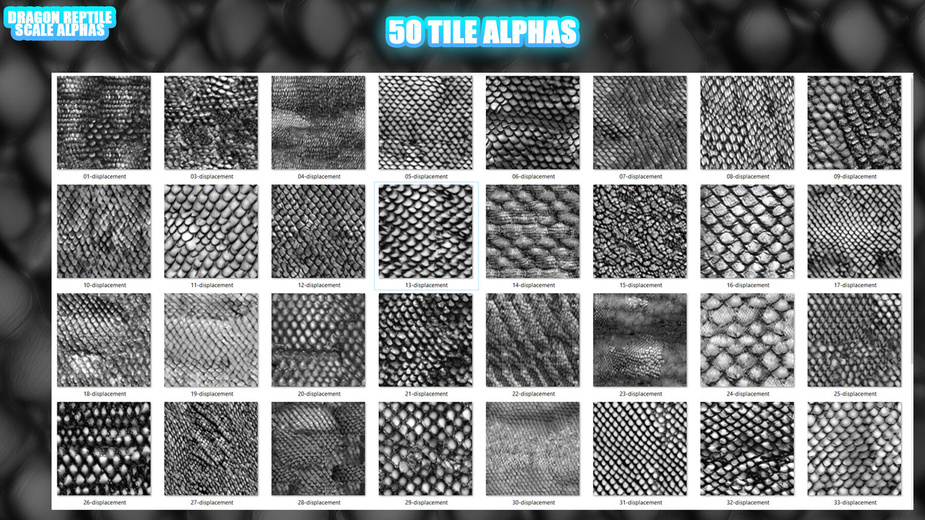 350+ Dragon (Reptile) Scales Alphas for ZBrush, Blender (50 tile alphas) vol.9 + Bonus - 50 Blender Brushes