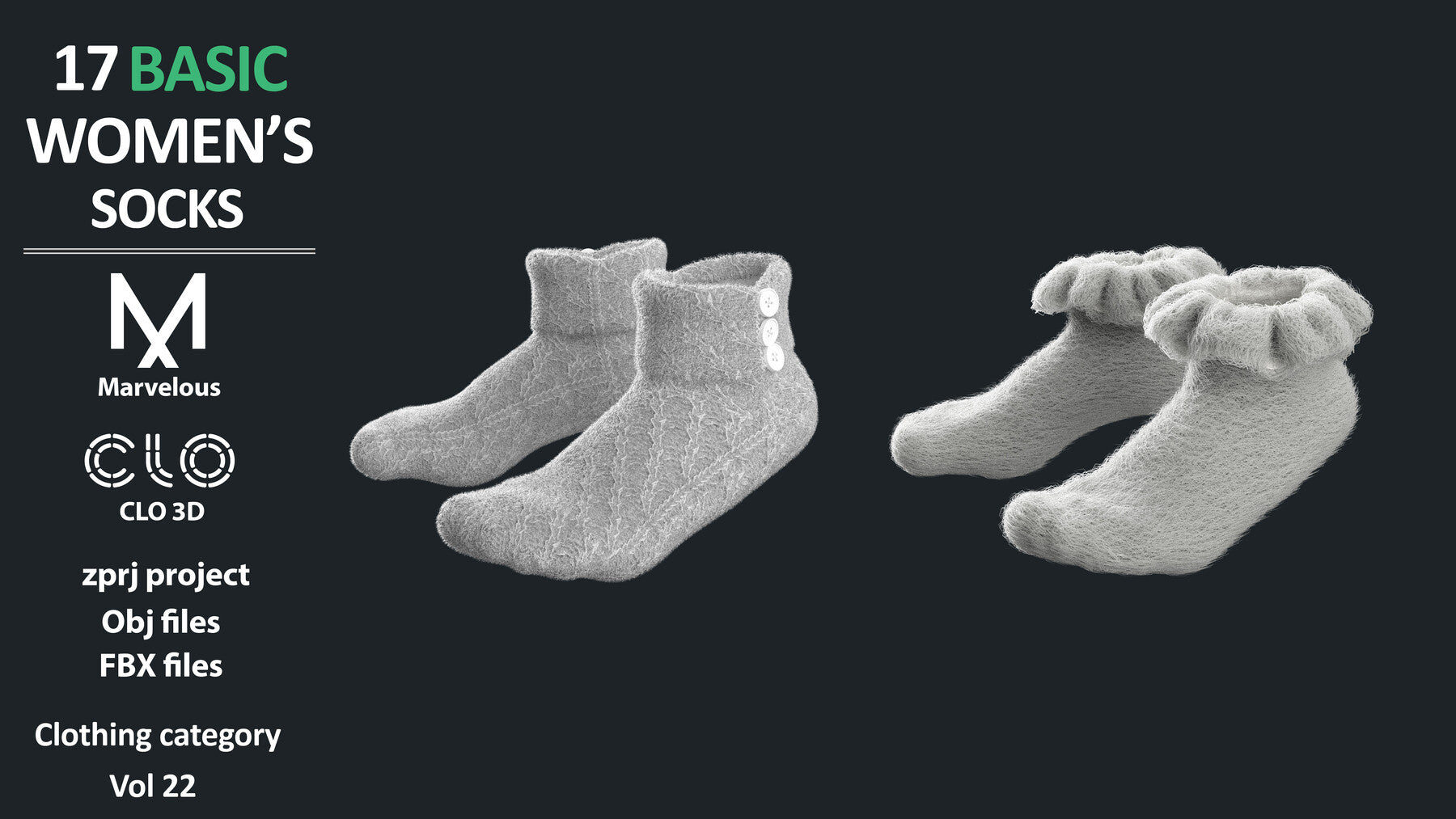 17 BASIC WOMEN'S SOCKS / ZPRJ + OBJ + FBX / Marvelous + Clo3D