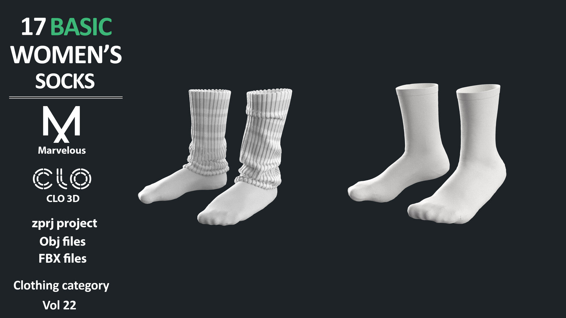 17 BASIC WOMEN'S SOCKS / ZPRJ + OBJ + FBX / Marvelous + Clo3D