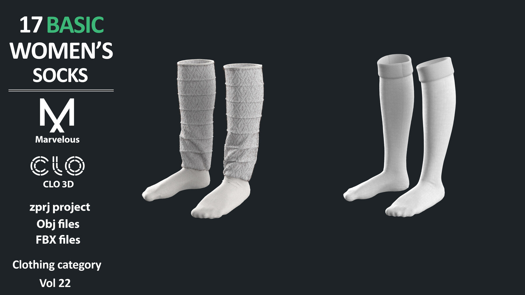 17 BASIC WOMEN'S SOCKS / ZPRJ + OBJ + FBX / Marvelous + Clo3D