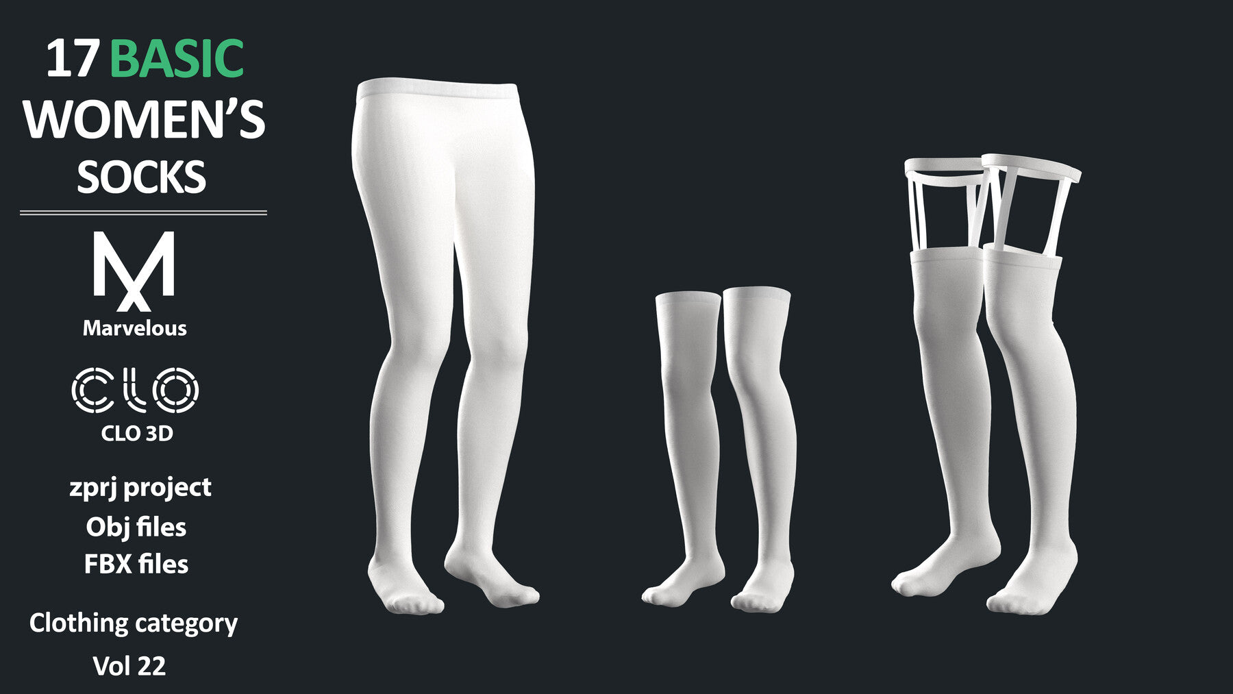 17 BASIC WOMEN'S SOCKS / ZPRJ + OBJ + FBX / Marvelous + Clo3D