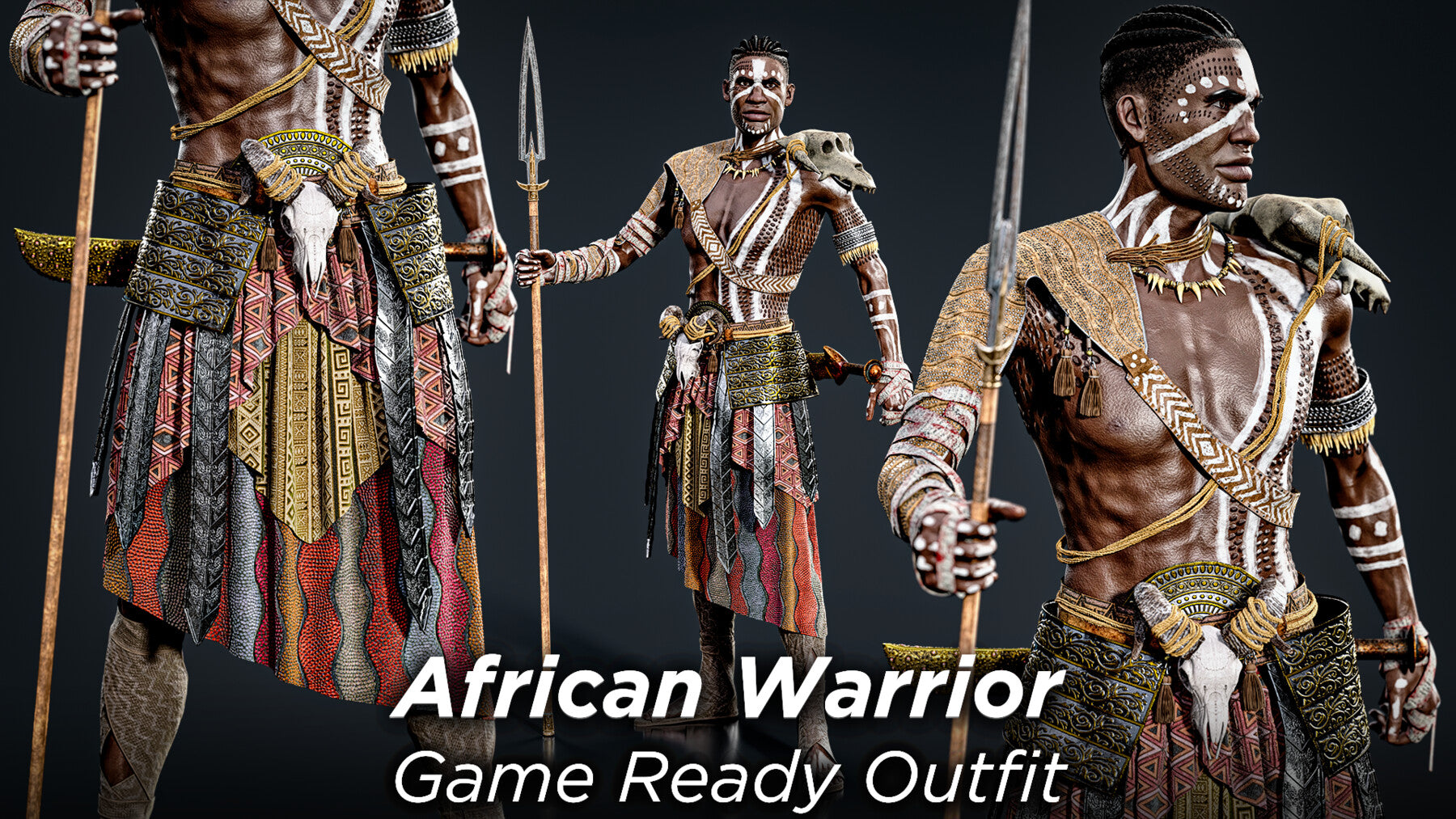 African Warrior No.1: Game Ready Outfit (Marvelous Designer + Clo3d + OBJ + LOD + Texture)