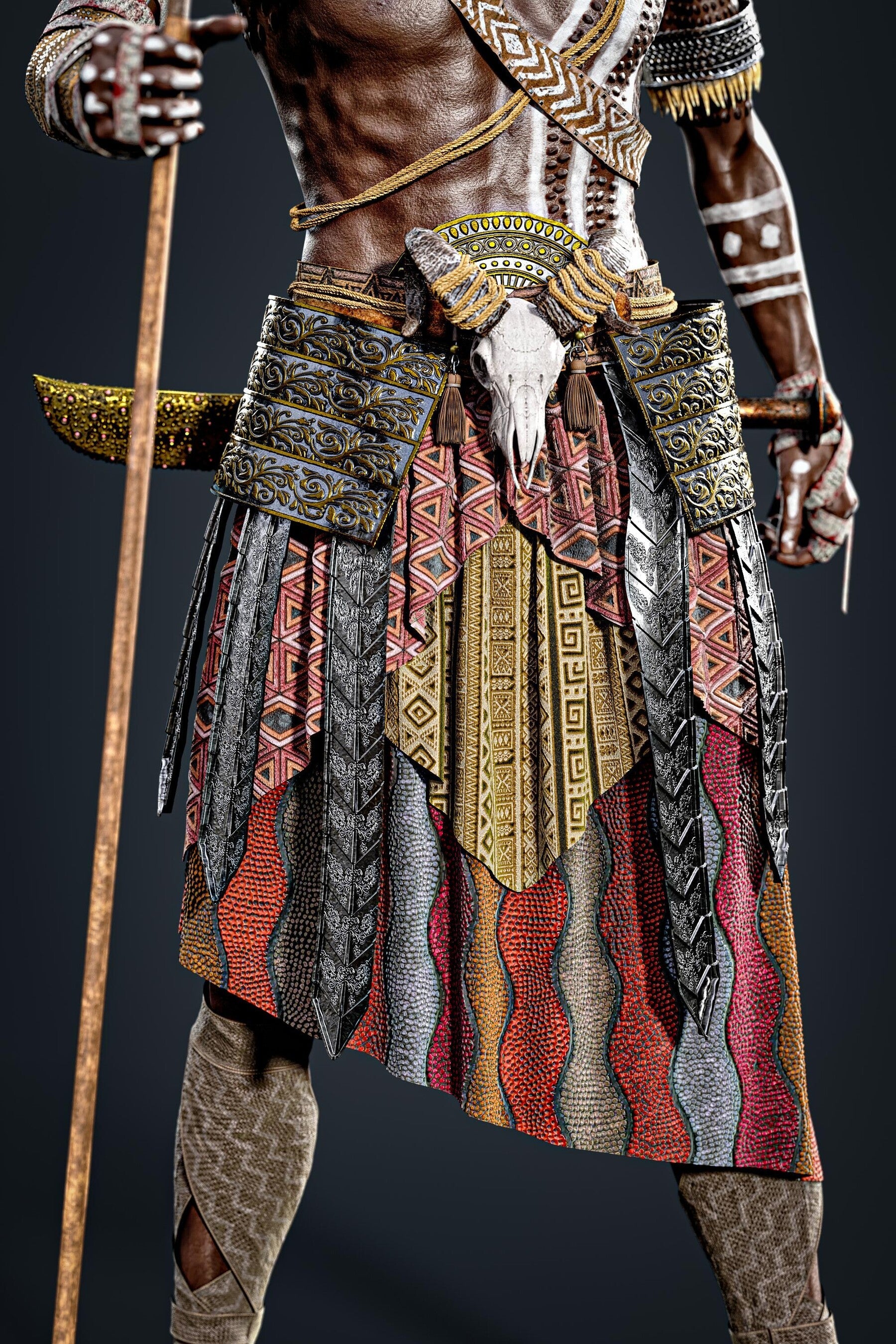 African Warrior No.1: Game Ready Outfit (Marvelous Designer + Clo3d + OBJ + LOD + Texture)