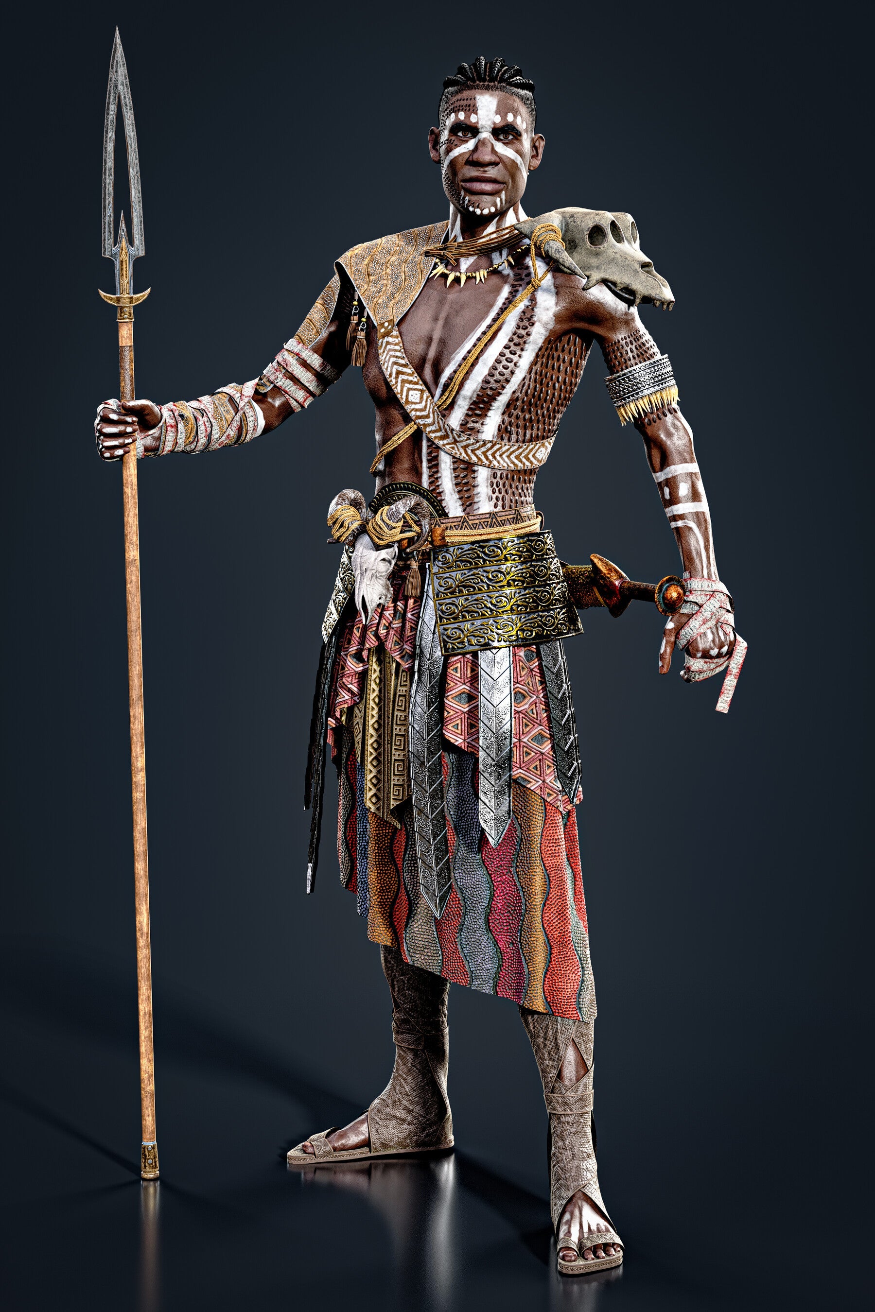 African Warrior No.1: Game Ready Outfit (Marvelous Designer + Clo3d + OBJ + LOD + Texture)