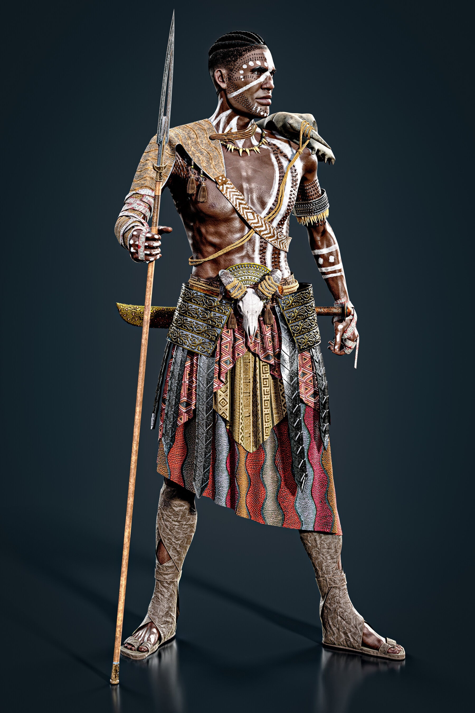 African Warrior No.1: Game Ready Outfit (Marvelous Designer + Clo3d + OBJ + LOD + Texture)