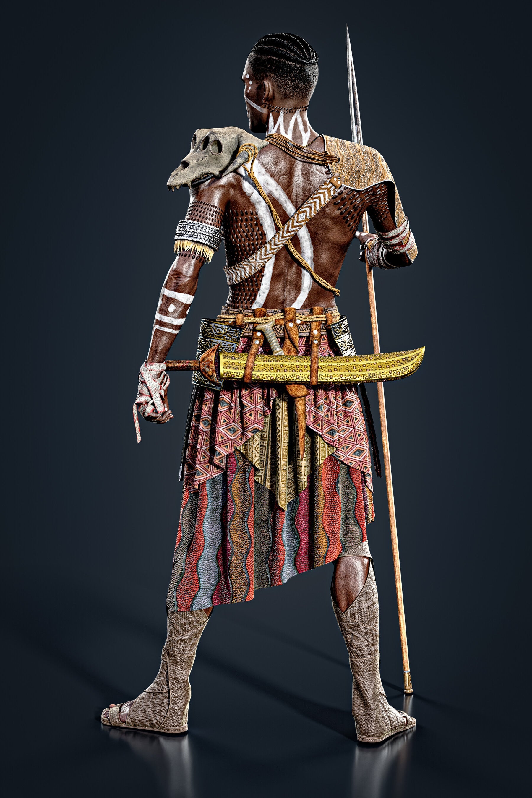 African Warrior No.1: Game Ready Outfit (Marvelous Designer + Clo3d + OBJ + LOD + Texture)