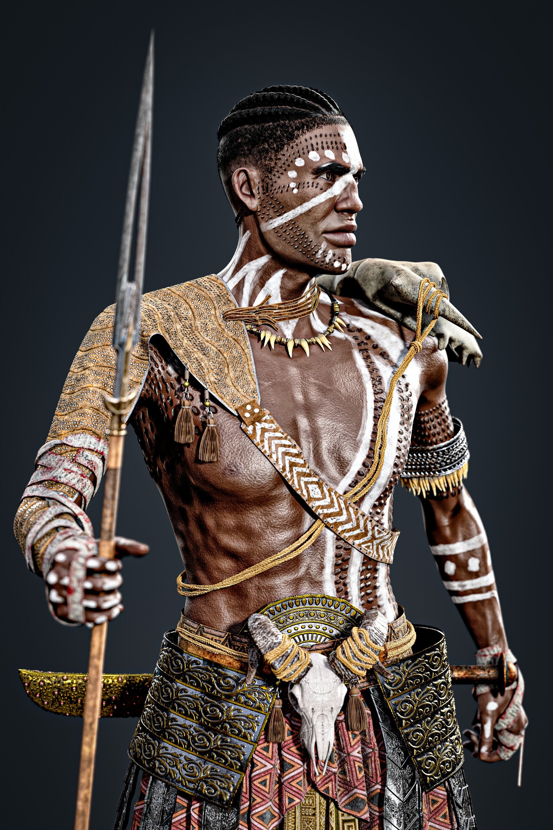 African Warrior No.1: Game Ready Outfit (Marvelous Designer + Clo3d + OBJ + LOD + Texture)