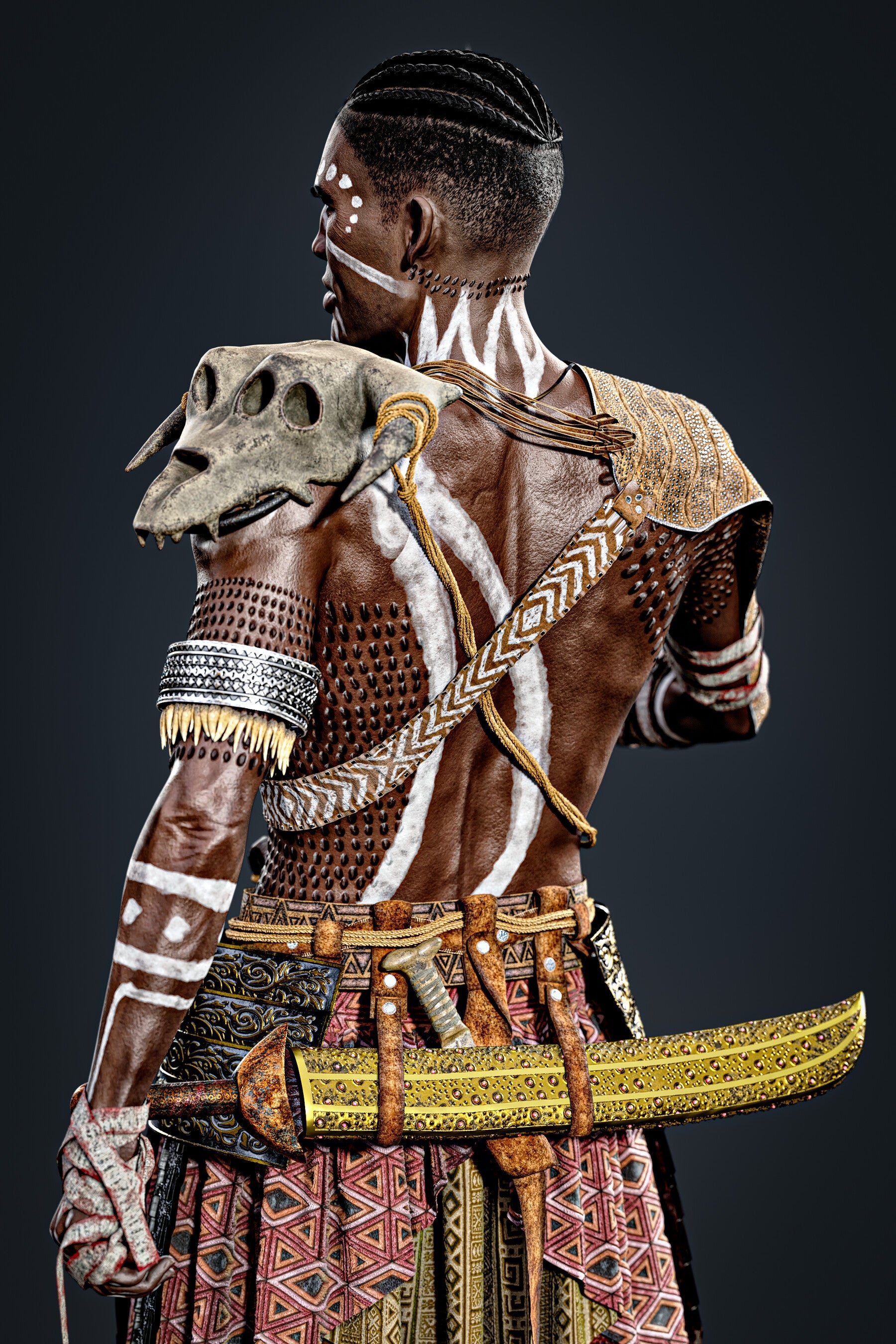 African Warrior No.1: Game Ready Outfit (Marvelous Designer + Clo3d + OBJ + LOD + Texture)