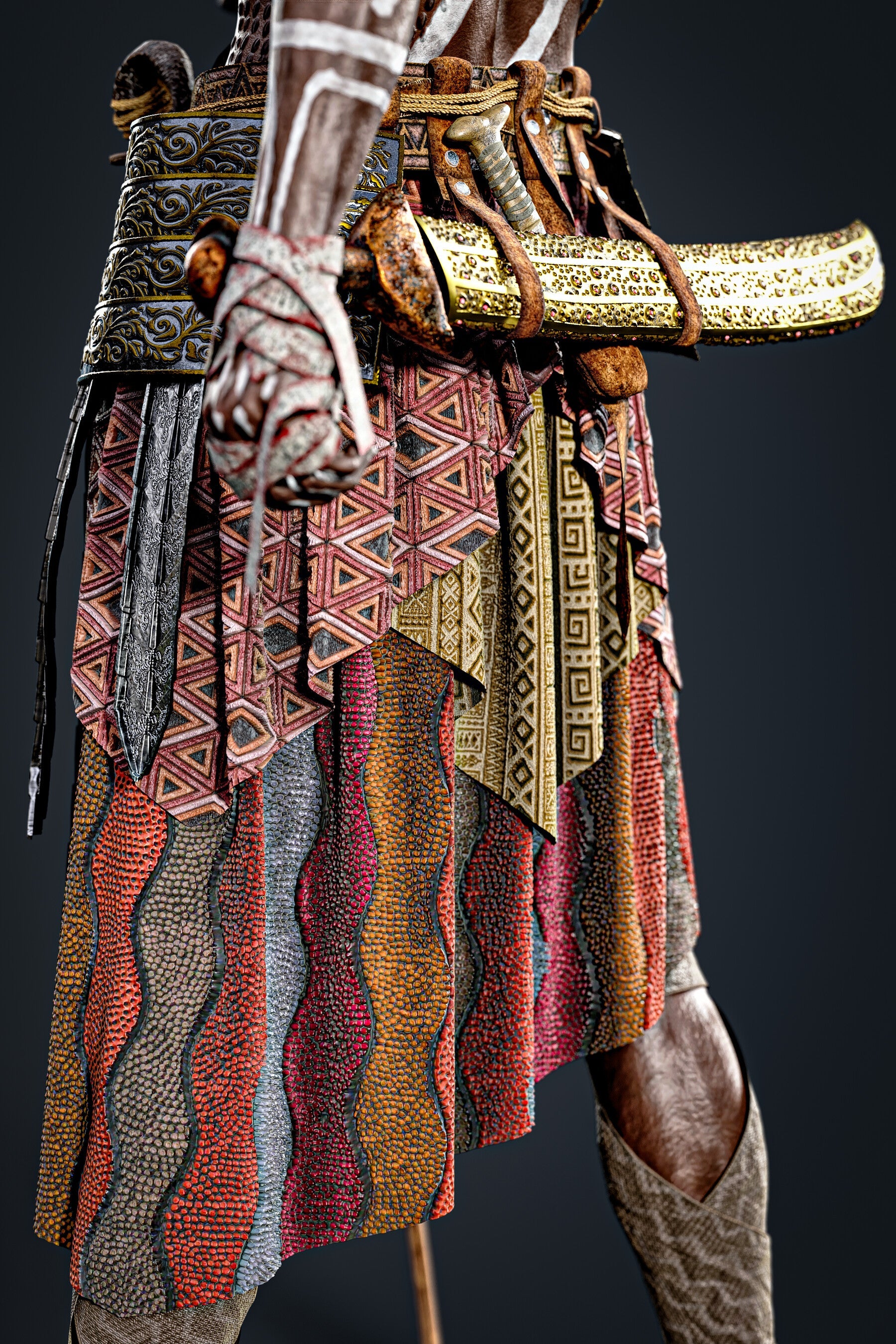 African Warrior No.1: Game Ready Outfit (Marvelous Designer + Clo3d + OBJ + LOD + Texture)