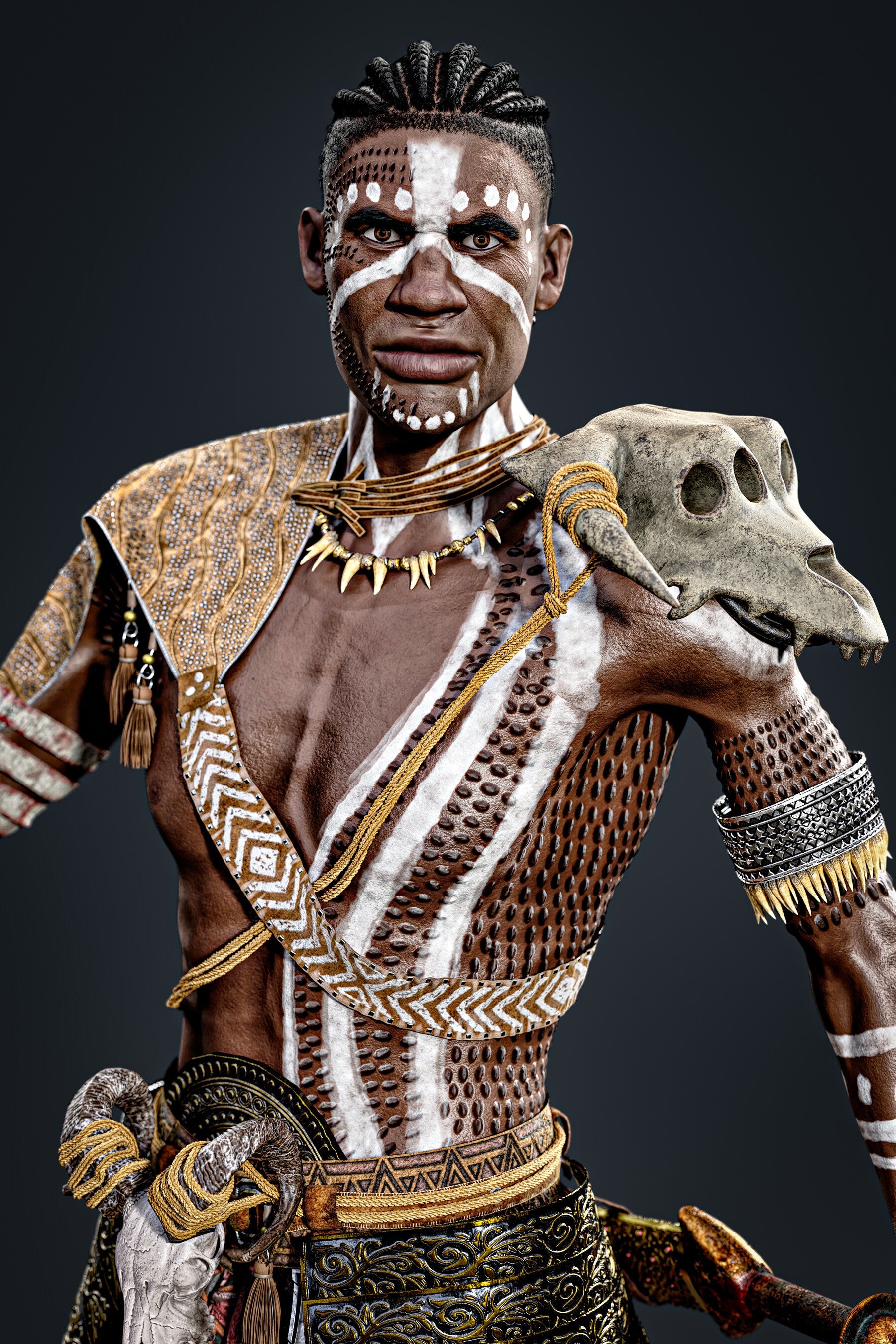 African Warrior No.1: Game Ready Outfit (Marvelous Designer + Clo3d + OBJ + LOD + Texture)