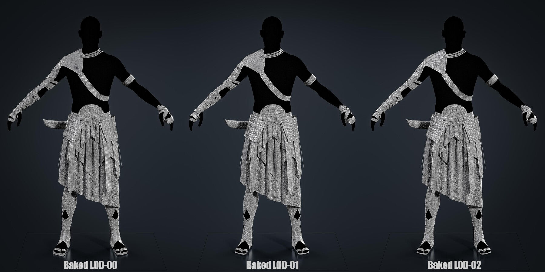 African Warrior No.1: Game Ready Outfit (Marvelous Designer + Clo3d + OBJ + LOD + Texture)