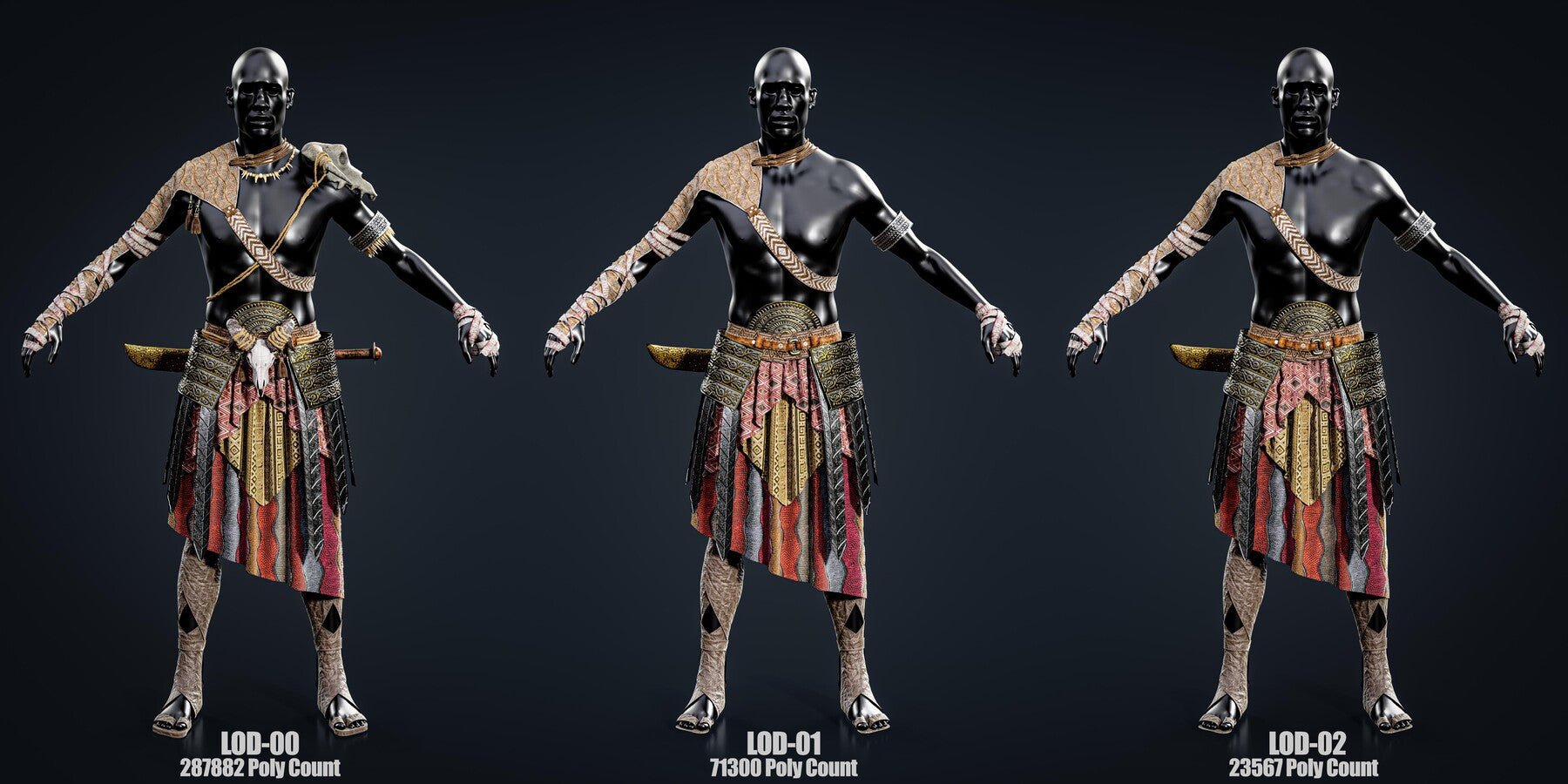 African Warrior No.1: Game Ready Outfit (Marvelous Designer + Clo3d + OBJ + LOD + Texture)