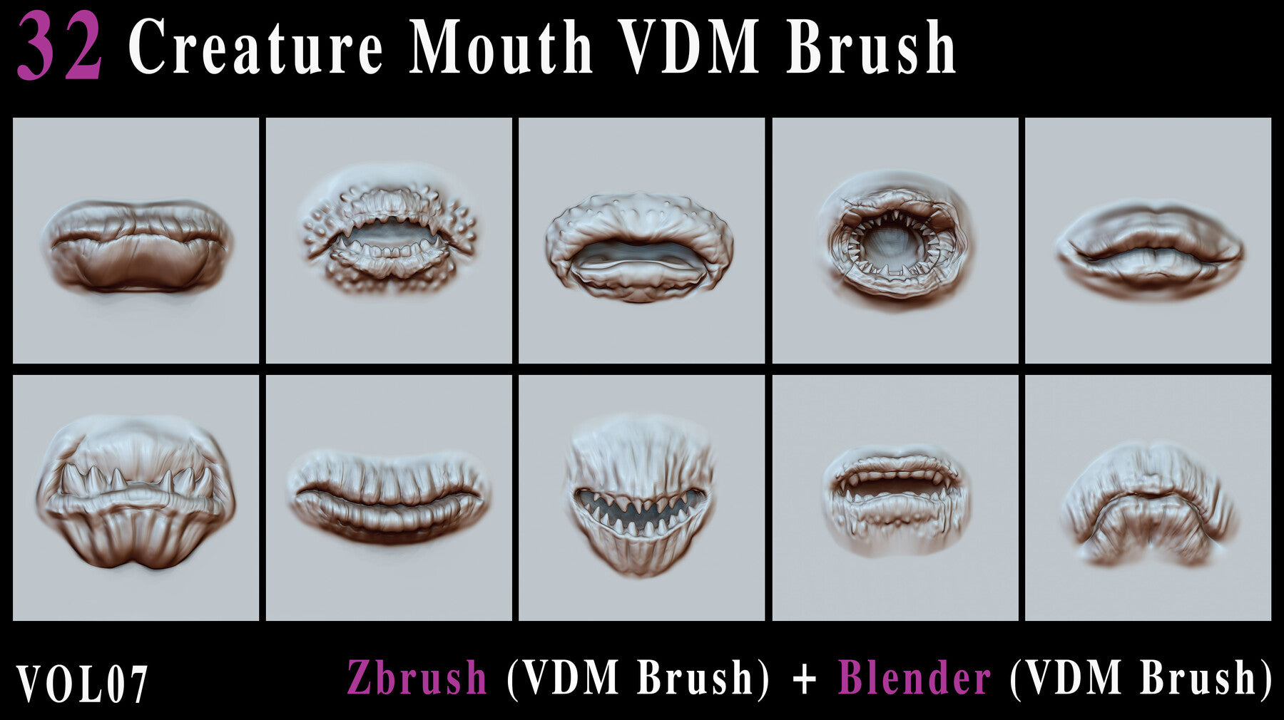 32 Creature Mouth VDM Brush - For ZBrush & Blender - Vol07