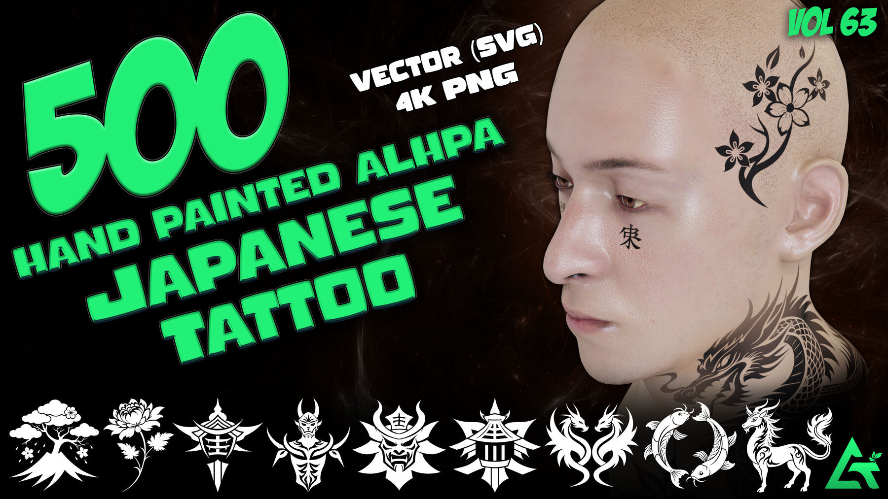 500 Hand Painted Alpha Japanese Tattoo (MEGA Pack) - Vol 63