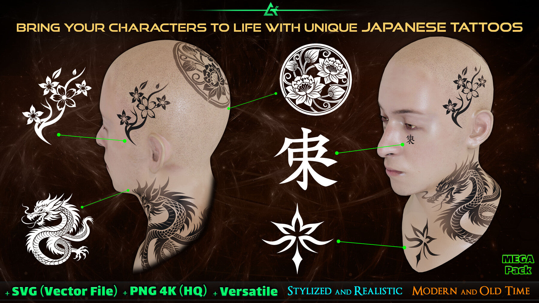 500 Hand Painted Alpha Japanese Tattoo (MEGA Pack) - Vol 63