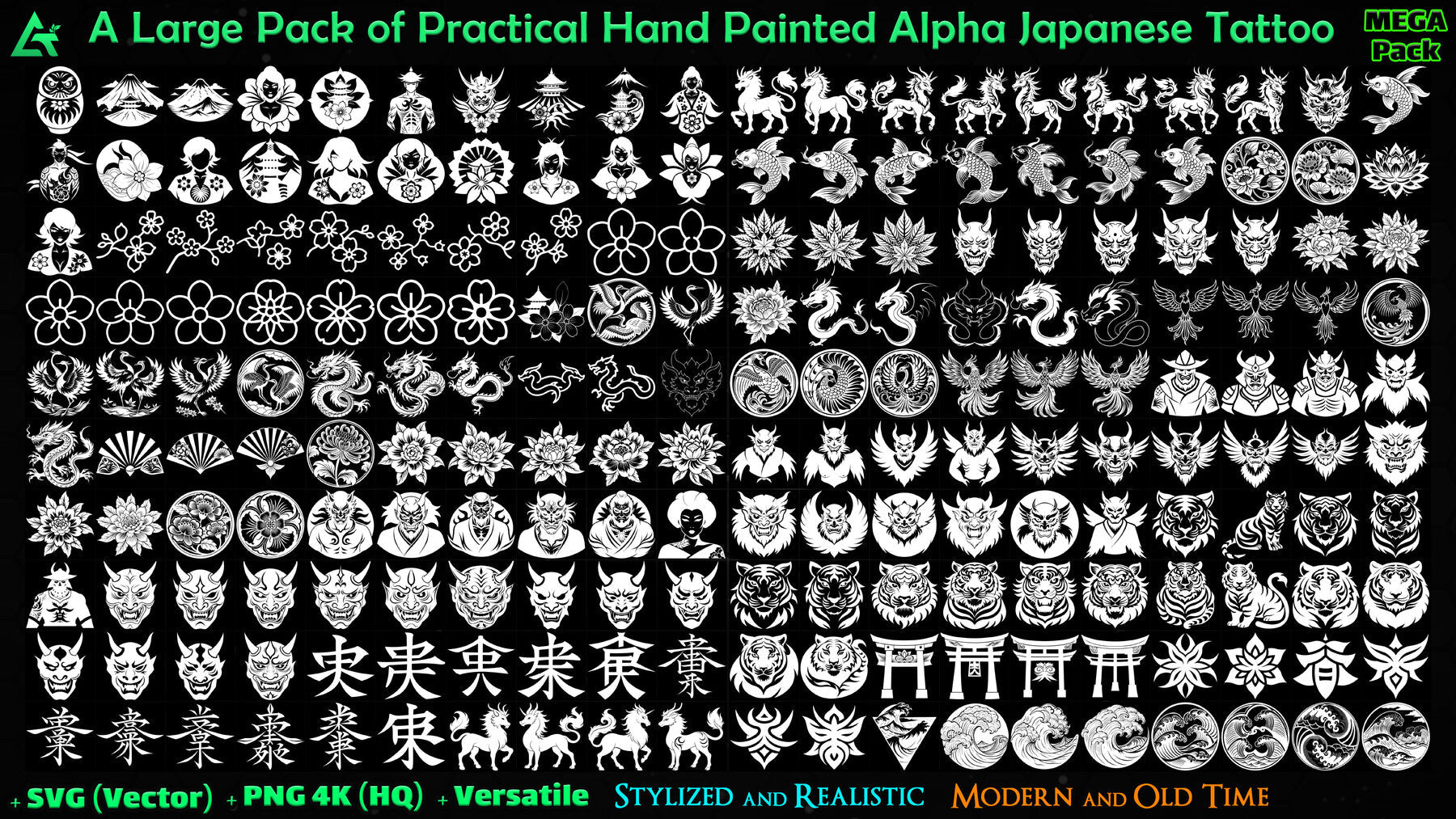 500 Hand Painted Alpha Japanese Tattoo (MEGA Pack) - Vol 63