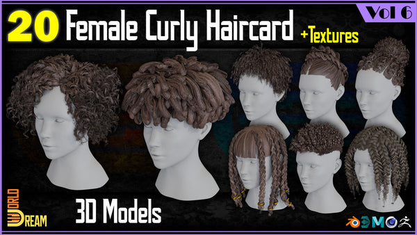 20 Female Curly Haircard 3D Models | Vol 6