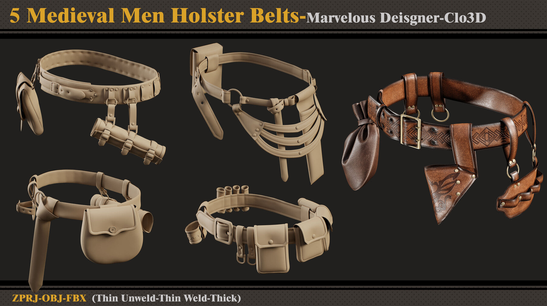 5 Medieval Men Holster Belts/Marvelous Designer-Clo3D(ZPRJ + FBX + OBJ)