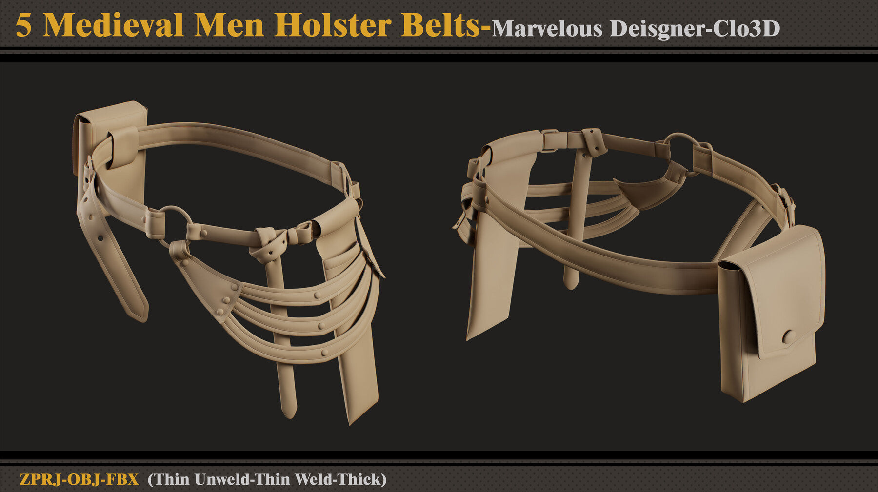 5 Medieval Men Holster Belts/Marvelous Designer-Clo3D(ZPRJ + FBX + OBJ)