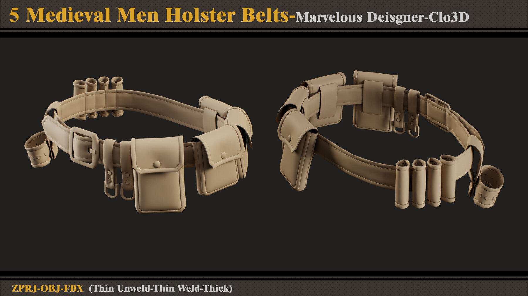 5 Medieval Men Holster Belts/Marvelous Designer-Clo3D(ZPRJ + FBX + OBJ)