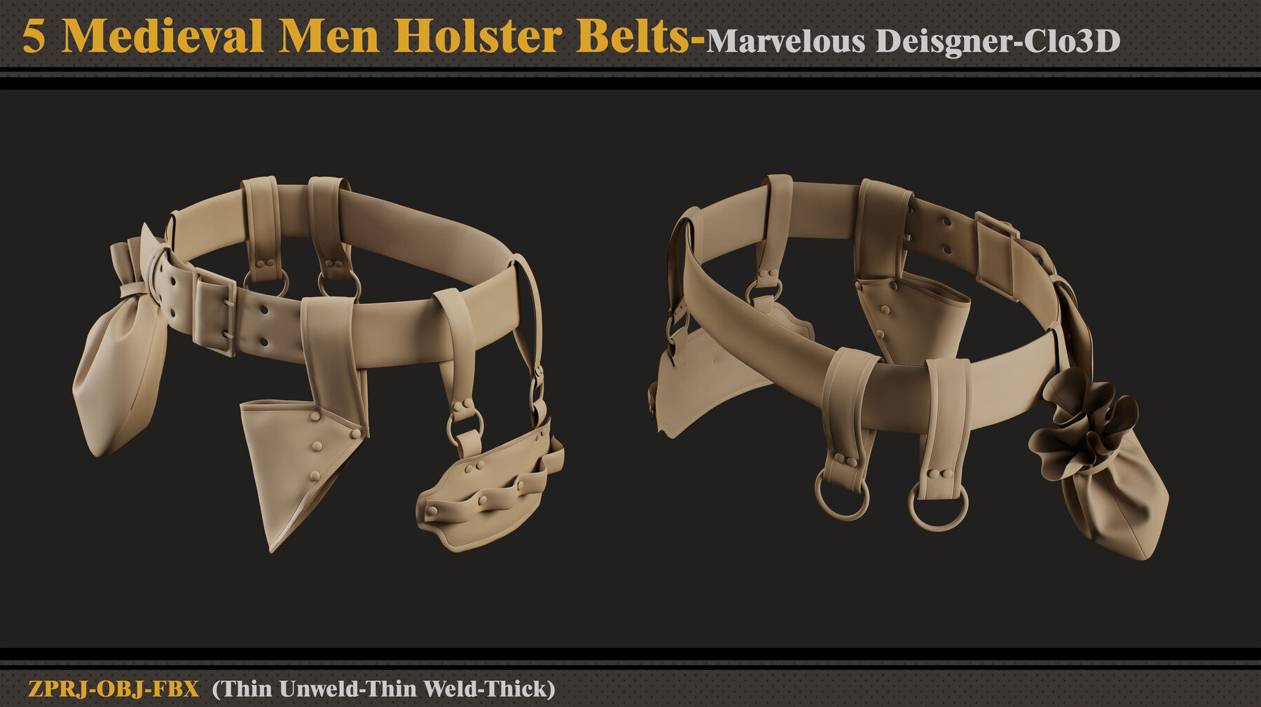 5 Medieval Men Holster Belts/Marvelous Designer-Clo3D(ZPRJ + FBX + OBJ)