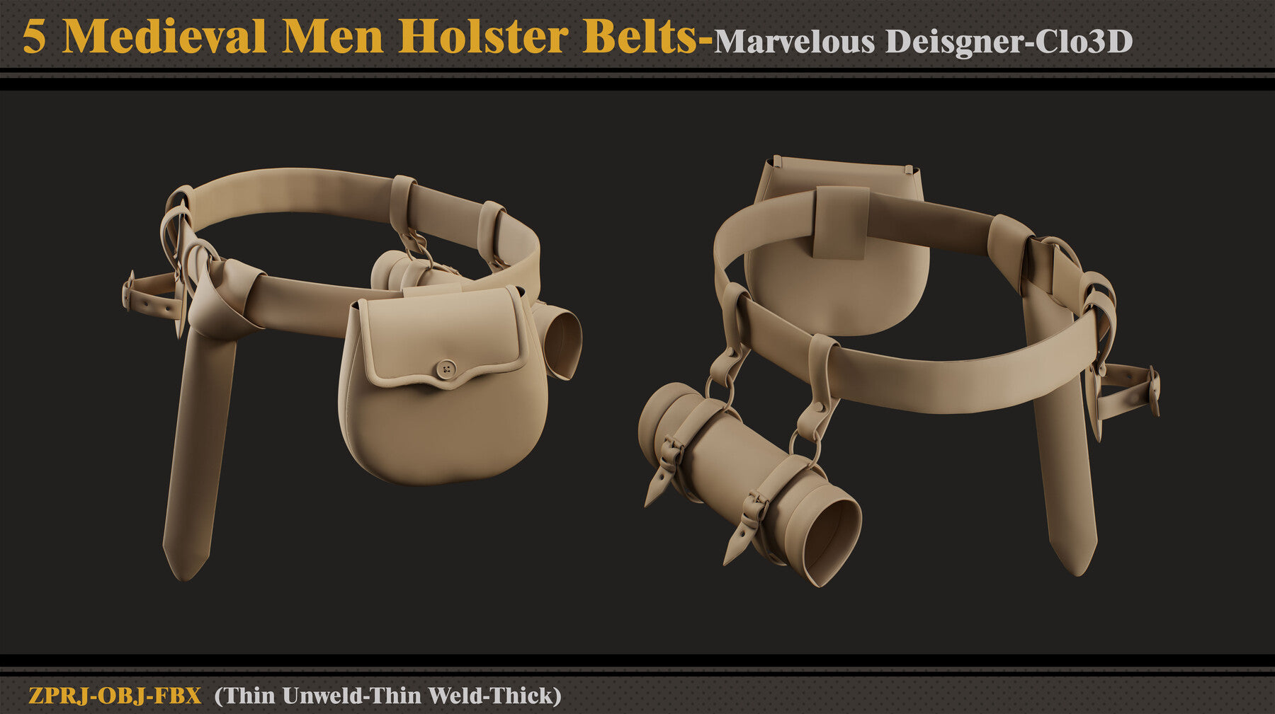 5 Medieval Men Holster Belts/Marvelous Designer-Clo3D(ZPRJ + FBX + OBJ)