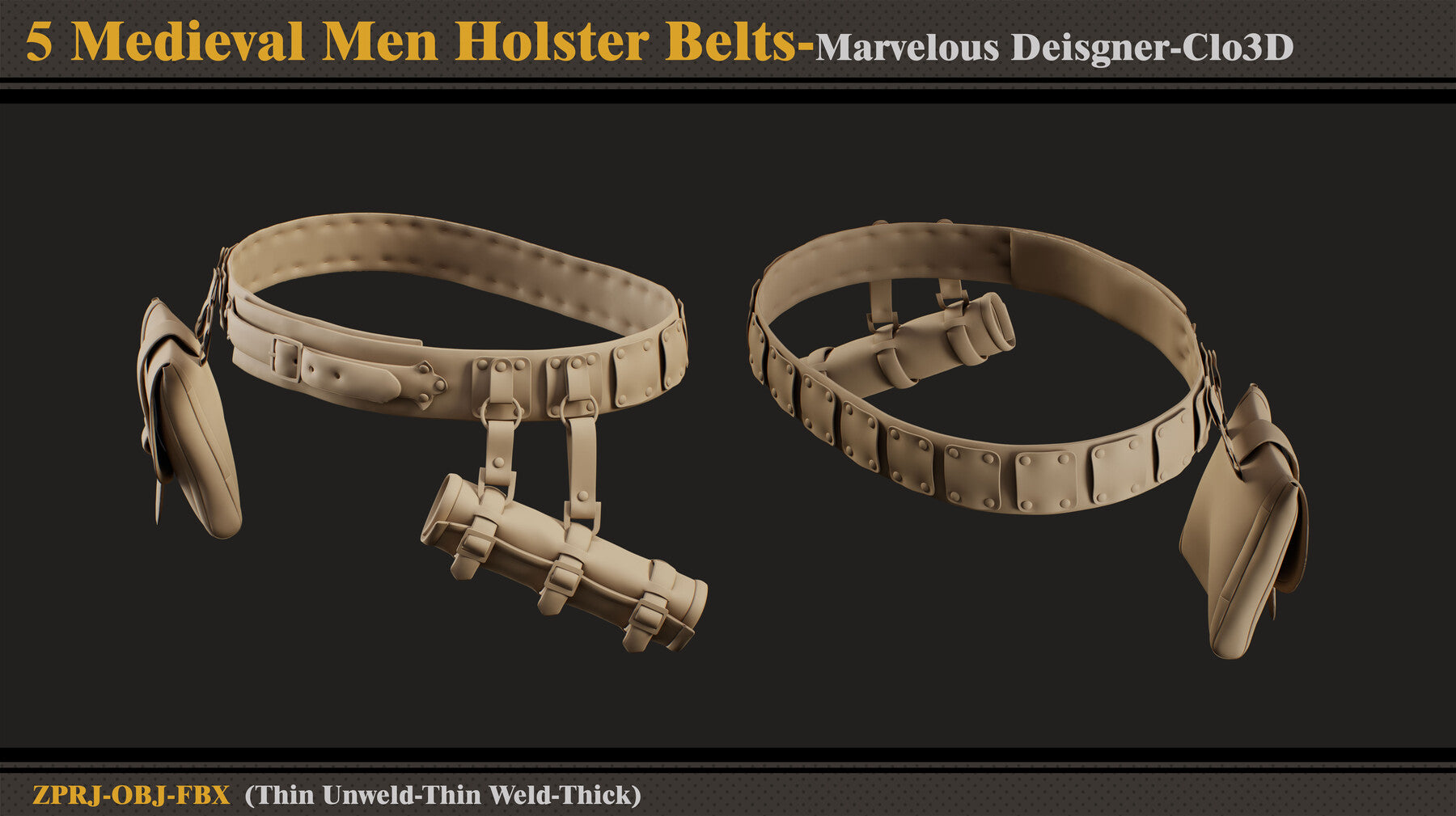 5 Medieval Men Holster Belts/Marvelous Designer-Clo3D(ZPRJ + FBX + OBJ)