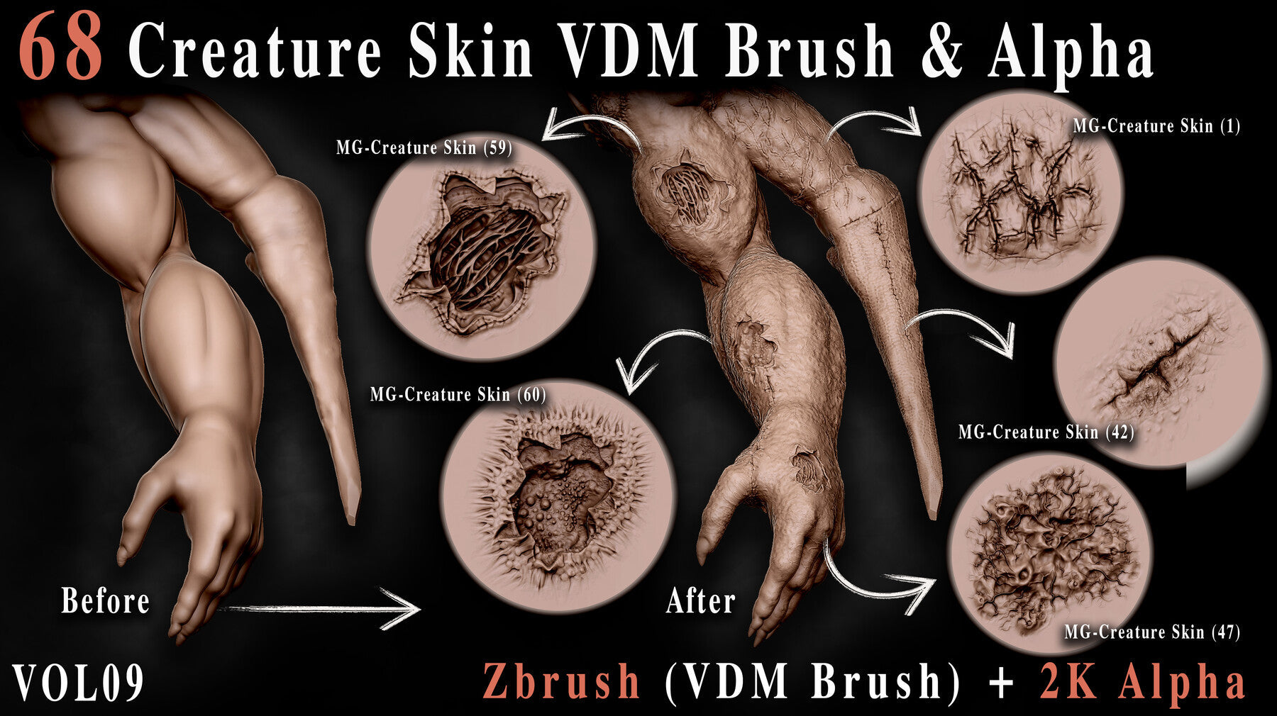 68 Creature Skin VDM Brush & Alpha - Vol09