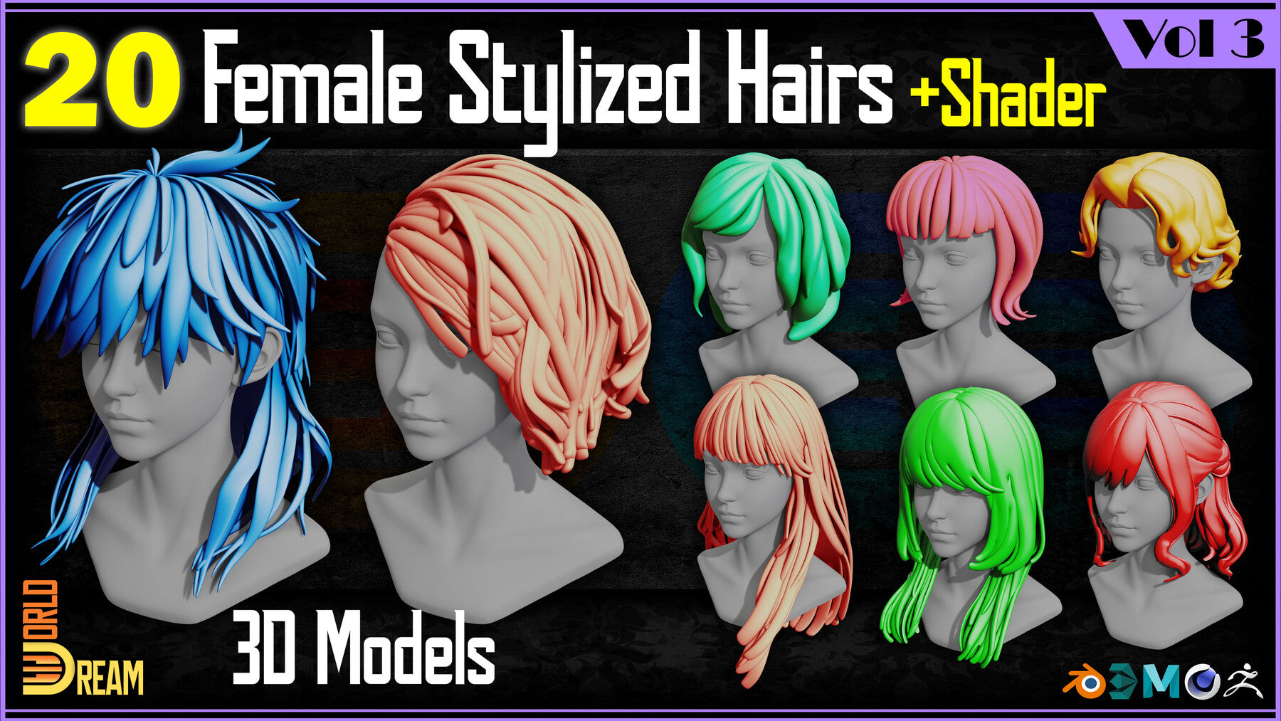Stylized Modelling 20 Female Stylized Hair 3D Models | Vol 3 – S3ART Store