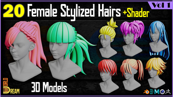 20 Female Stylized Hair 3D Models | Vol 1