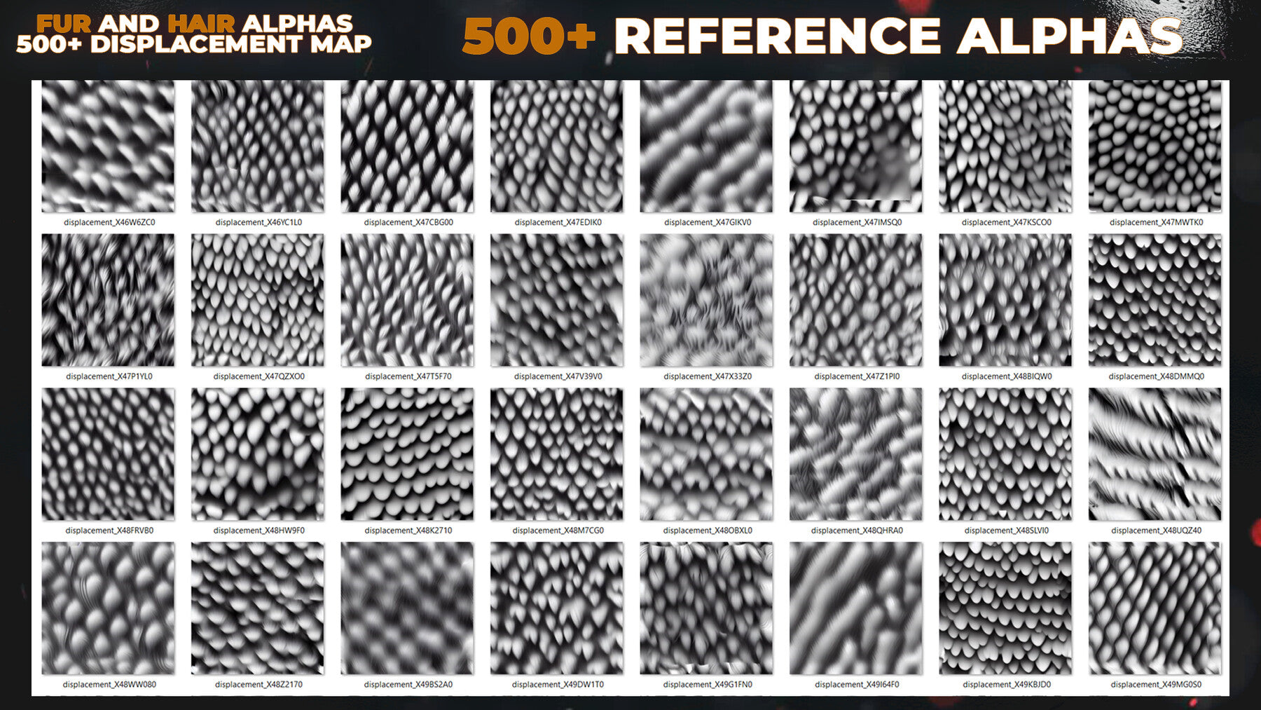 500+ Fur and Hair Alphas (Displacement Maps) for ZBrush, Blender, Substance Painter vol.13