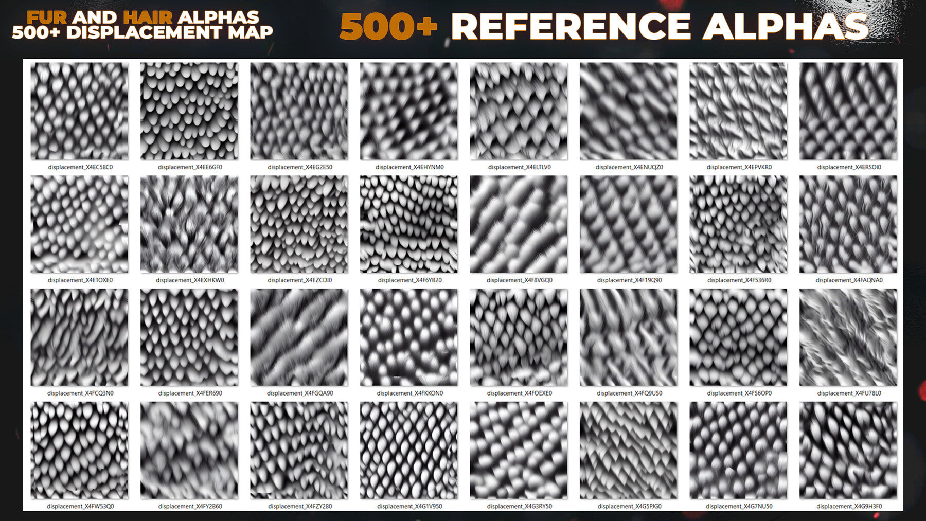 500+ Fur and Hair Alphas (Displacement Maps) for ZBrush, Blender, Substance Painter vol.13