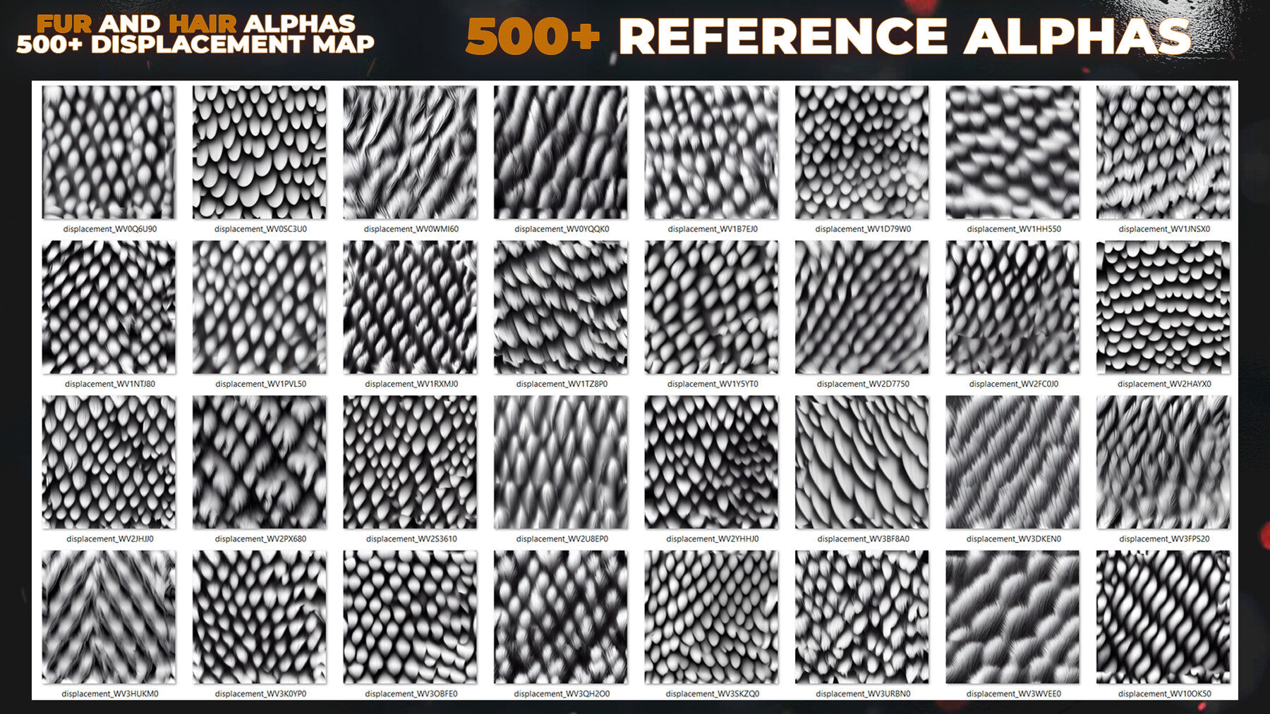 500+ Fur and Hair Alphas (Displacement Maps) for ZBrush, Blender, Substance Painter vol.13