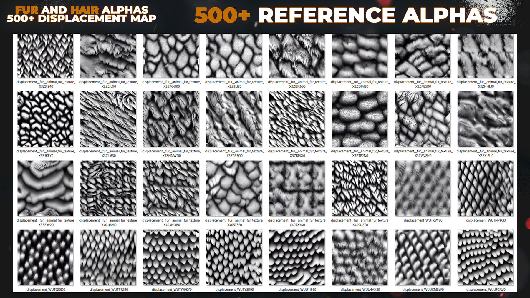 500+ Fur and Hair Alphas (Displacement Maps) for ZBrush, Blender, Substance Painter vol.13