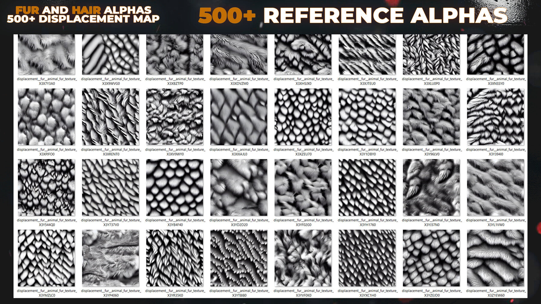 500+ Fur and Hair Alphas (Displacement Maps) for ZBrush, Blender, Substance Painter vol.13