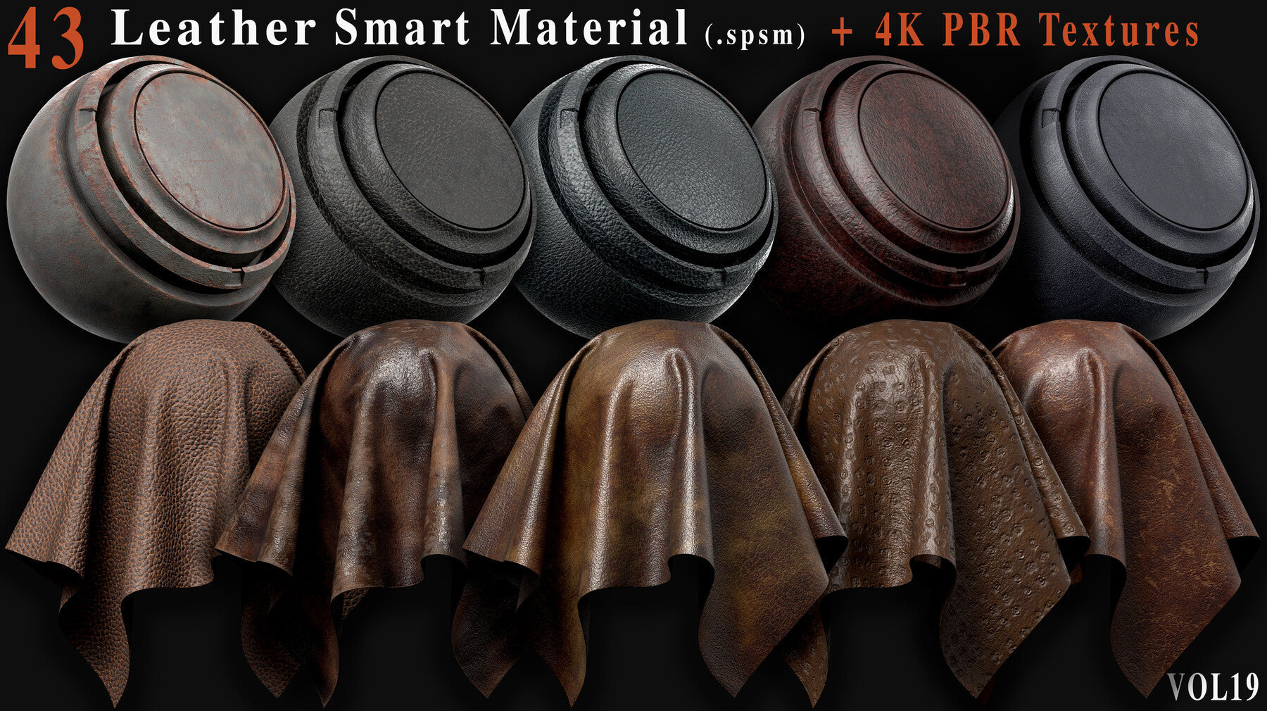 43 Leather Smart Materials + 4K PBR Textures - Vol 19